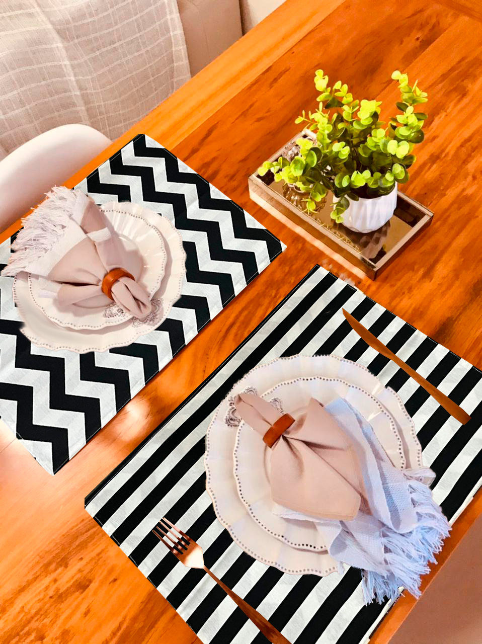 Lugar Americano Dupla Face Impermeável Chevron e Listrado Preto