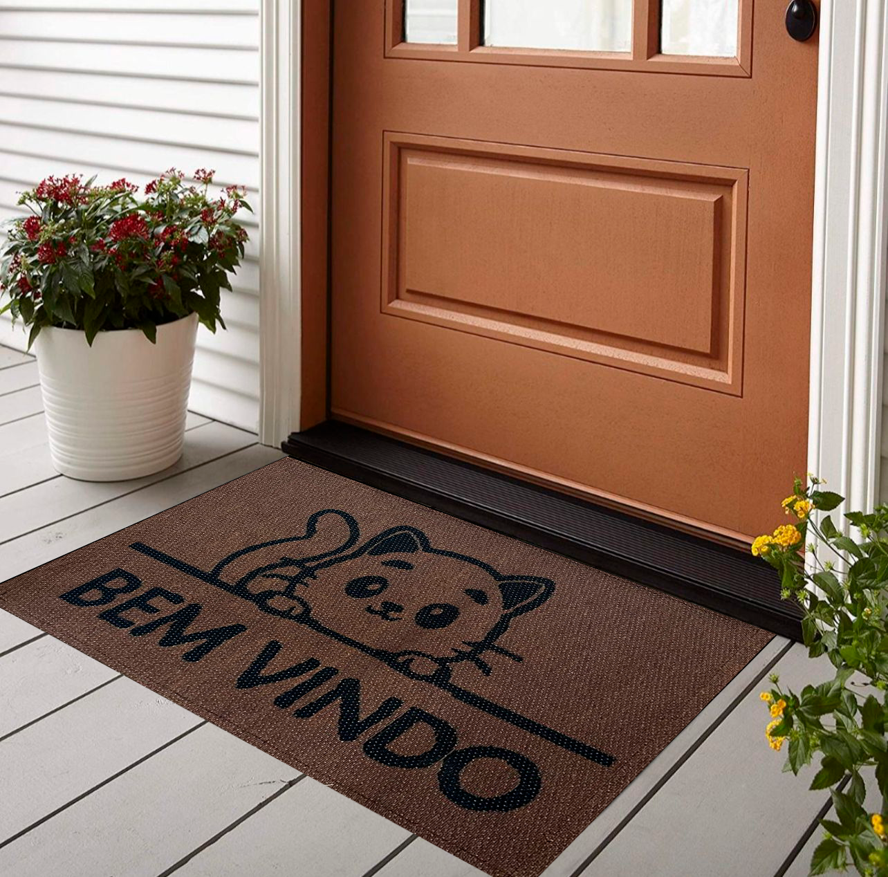 Capacho Tapete Entrada Bem Vindo Gatinho Marrom
