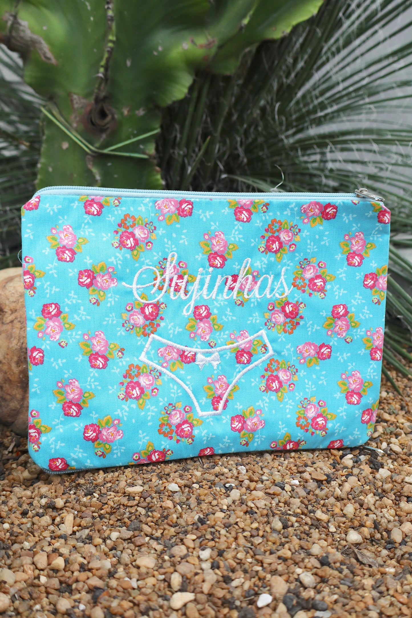 Necessaire Porta Calcinha Limpinha Sujinha P Flores Azul Claro