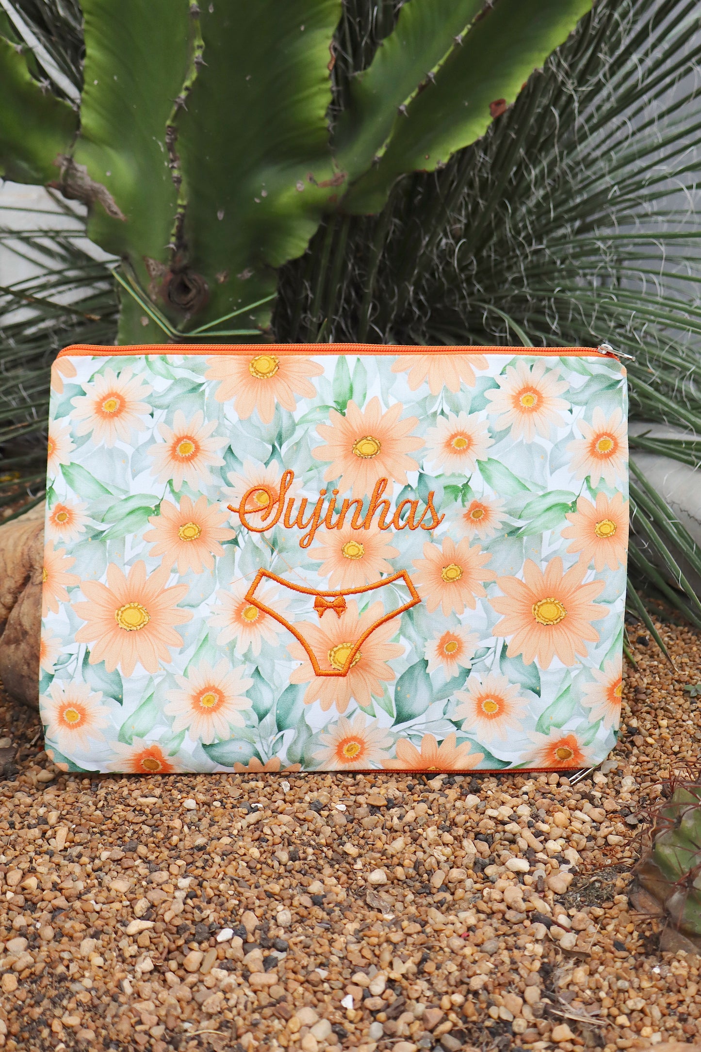 Necessaire Porta Calcinha Limpinha Sujinha G Flores Laranja