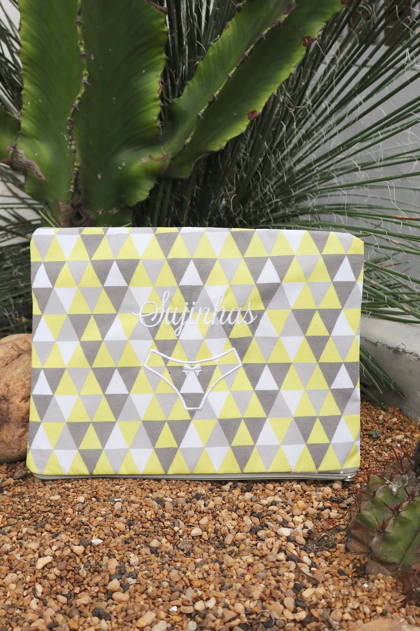 Necessaire Porta Calcinha Limpinha Sujinha G Amarelo e Cinza