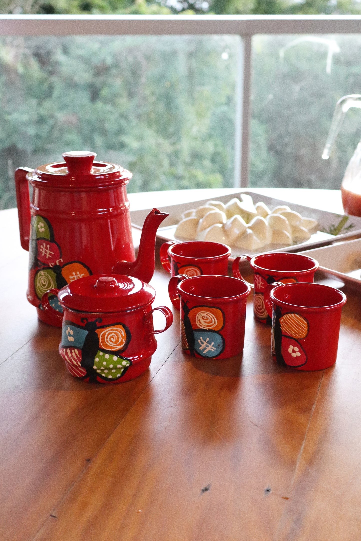 Kit 6 Peças Alumínio Pintado Vermelho - Bule, Açucareiro e 4 Canecas