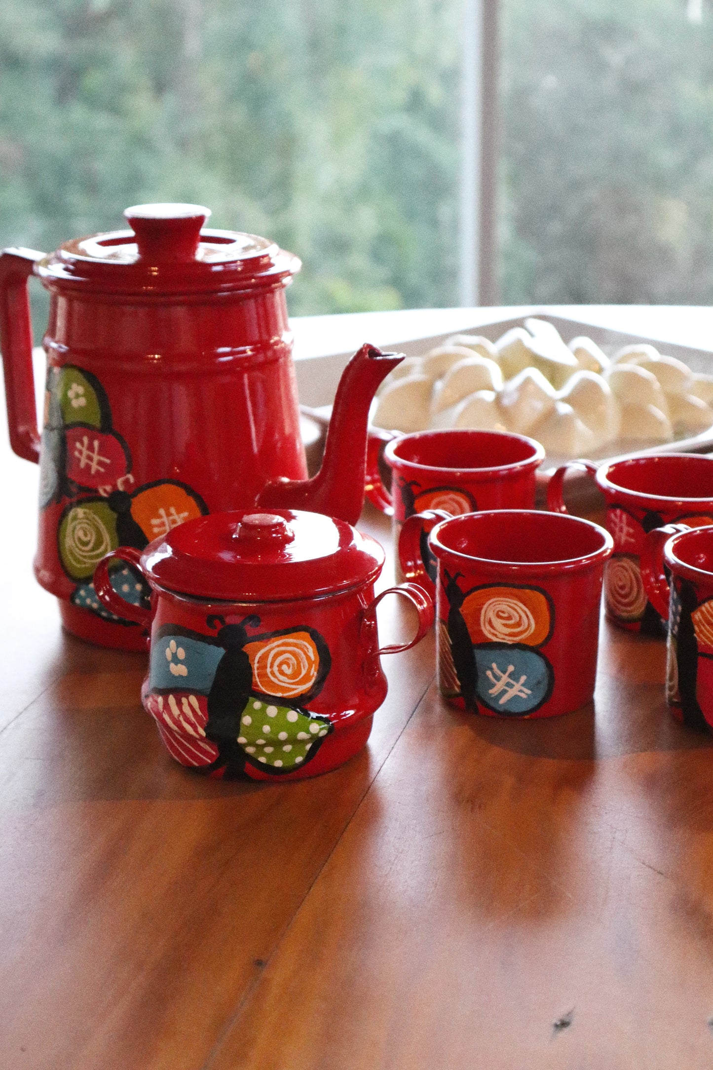 Kit 6 Peças Alumínio Pintado Vermelho - Bule, Açucareiro e 4 Canecas