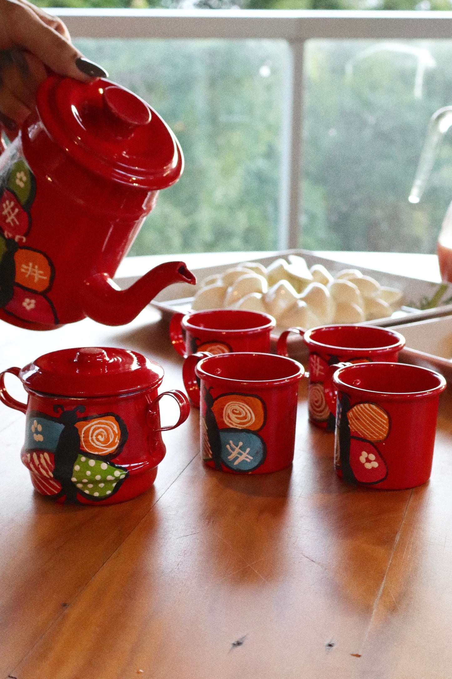 Kit 6 Peças Alumínio Pintado Vermelho - Bule, Açucareiro e 4 Canecas