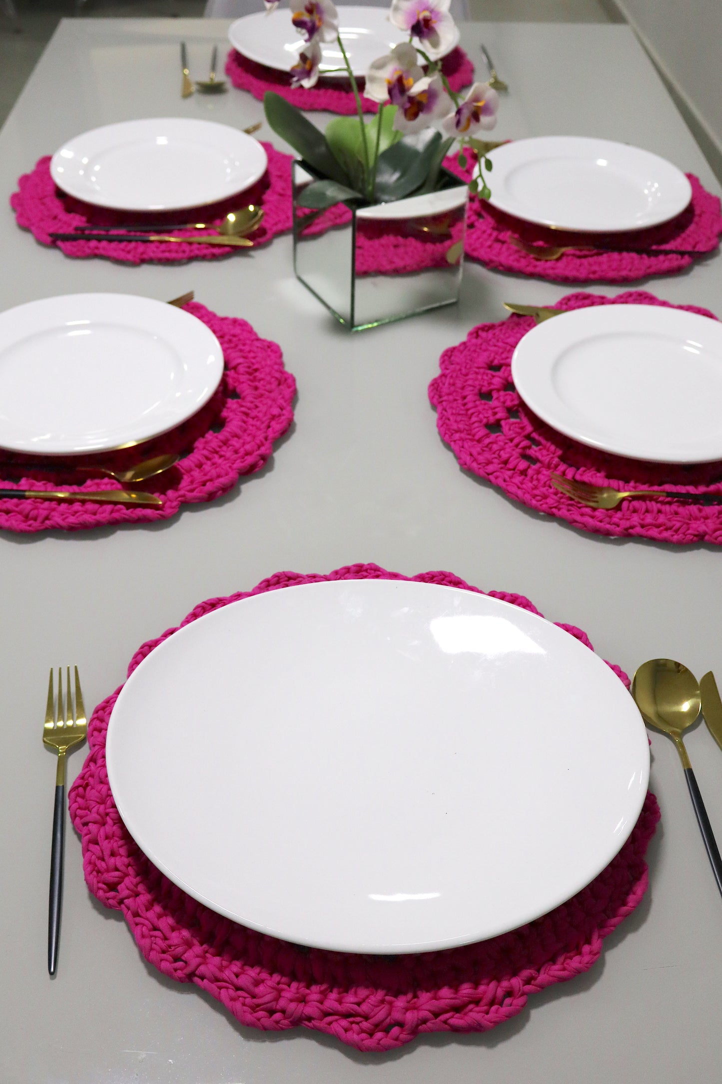 Sousplat de Crochê em Malha Rosa Pink Kit com 6