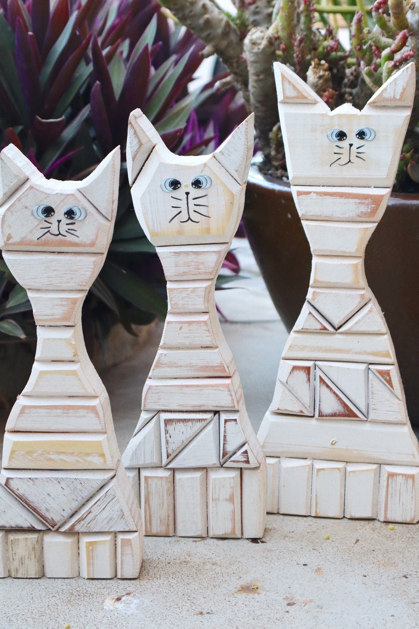 Trio Gato Madeira Branco Decoração