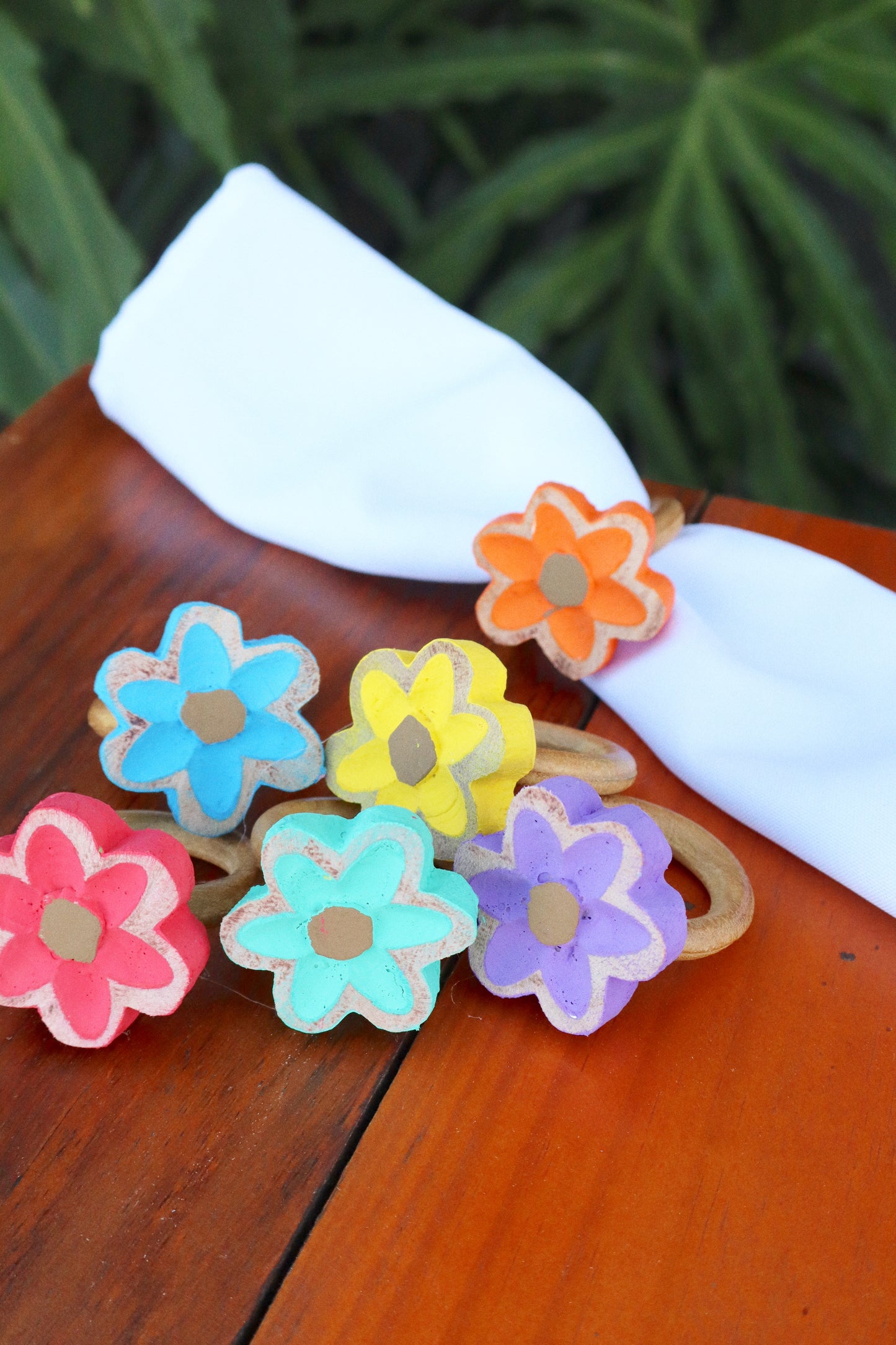 Kit Porta Guardanapo 6 Peças Flor De Madeira Pintada Colorida