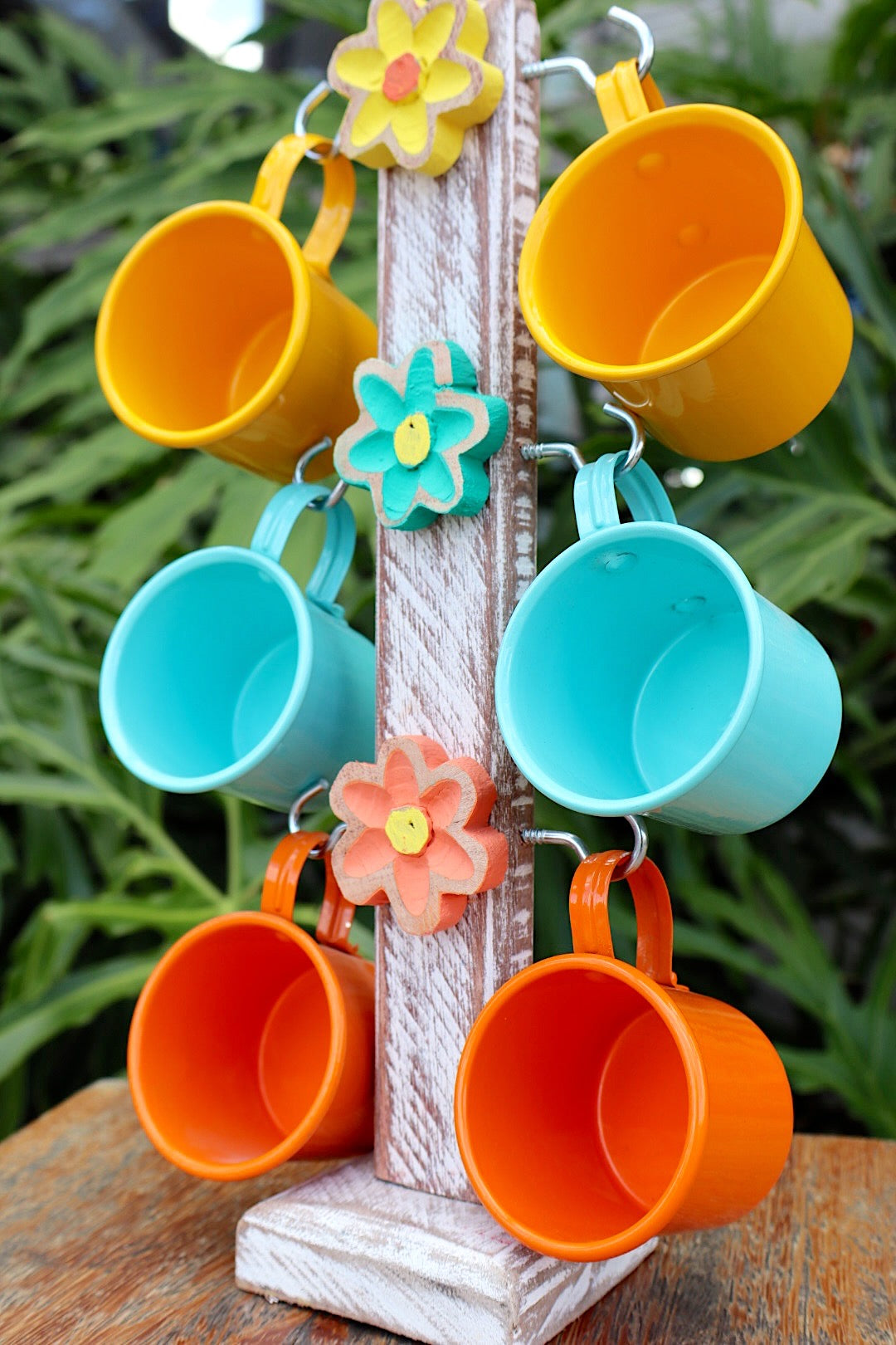 Suporte de Caneca Colorido Madeira + 6 Canecas Amarelas, Tifanny e Laranja