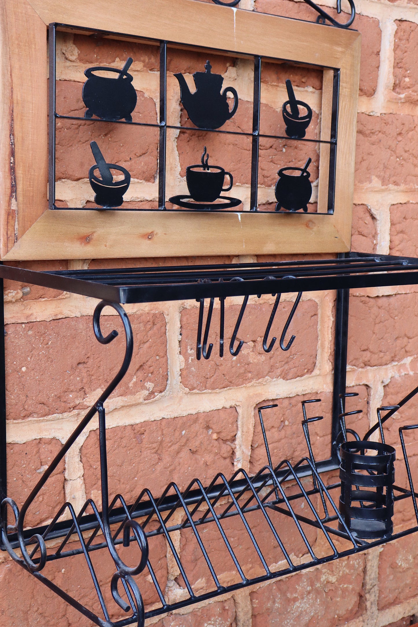 Paneleiro Rústico Escorredor Louças De Ferro E Madeira 80 Cm Panelinhas Pretas