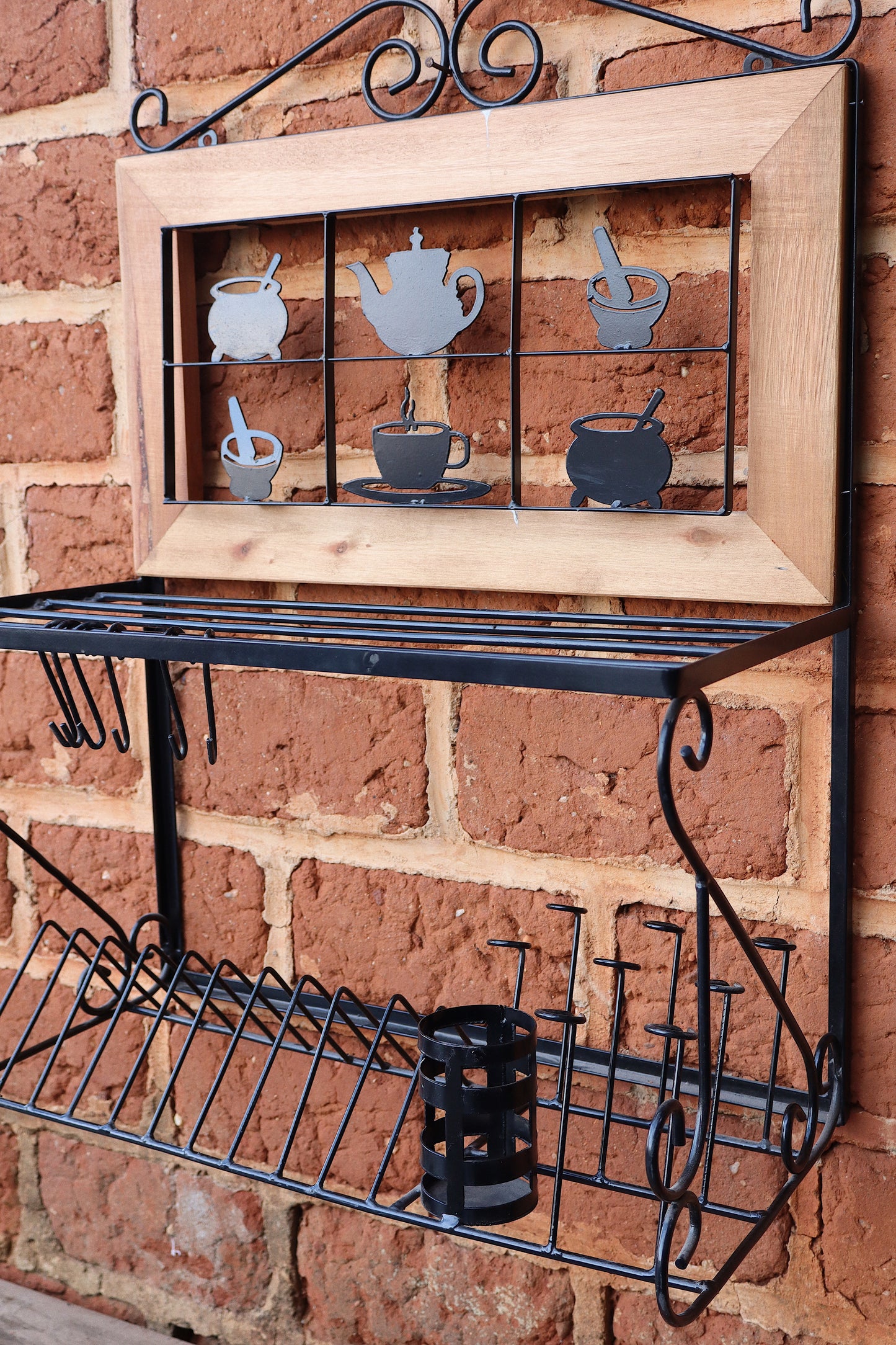 Paneleiro Rústico Escorredor Louças De Ferro E Madeira 60 Cm Panelinhas Pretas