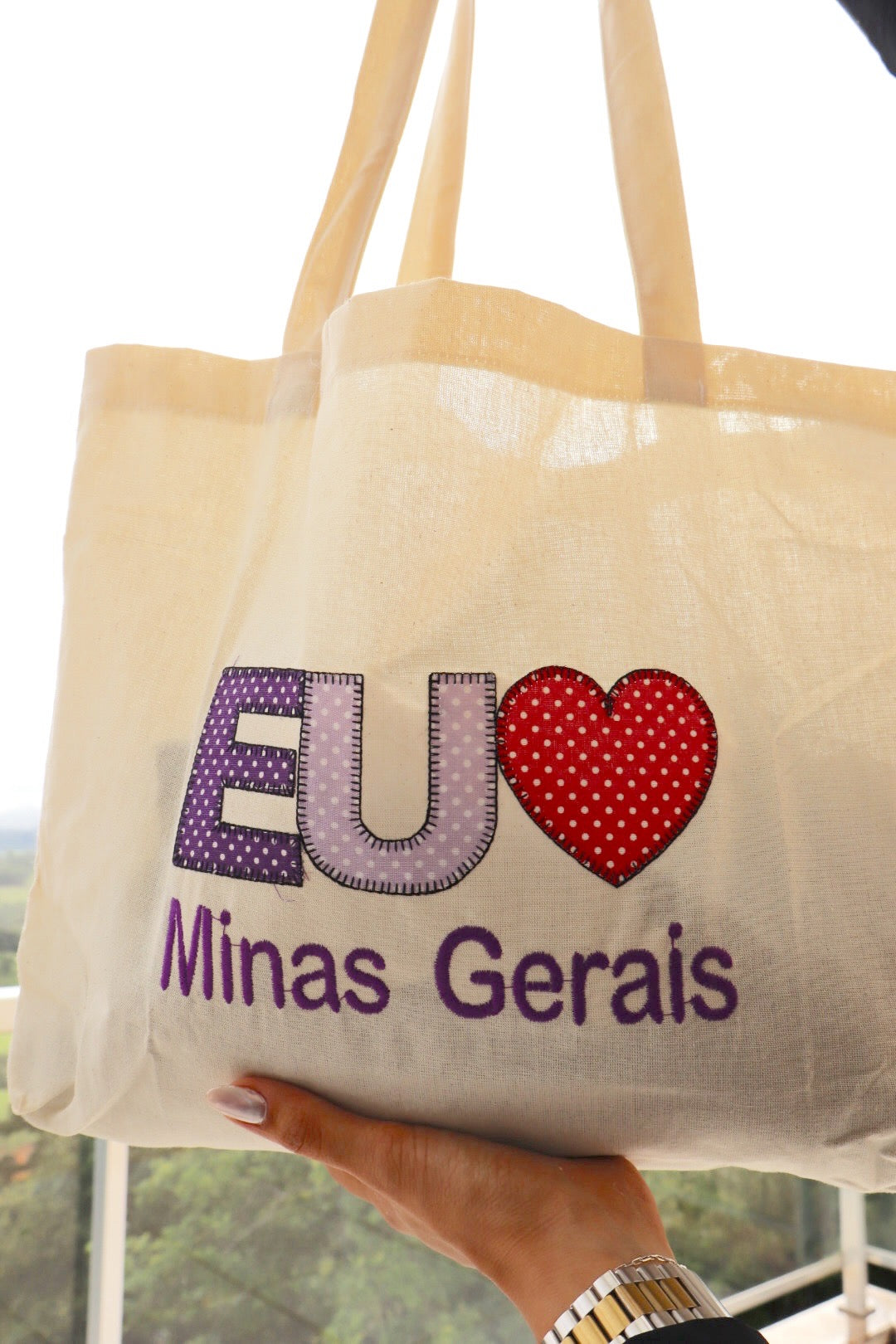 Bolsa de Ombro Algodão Eu Amo MG Lilás