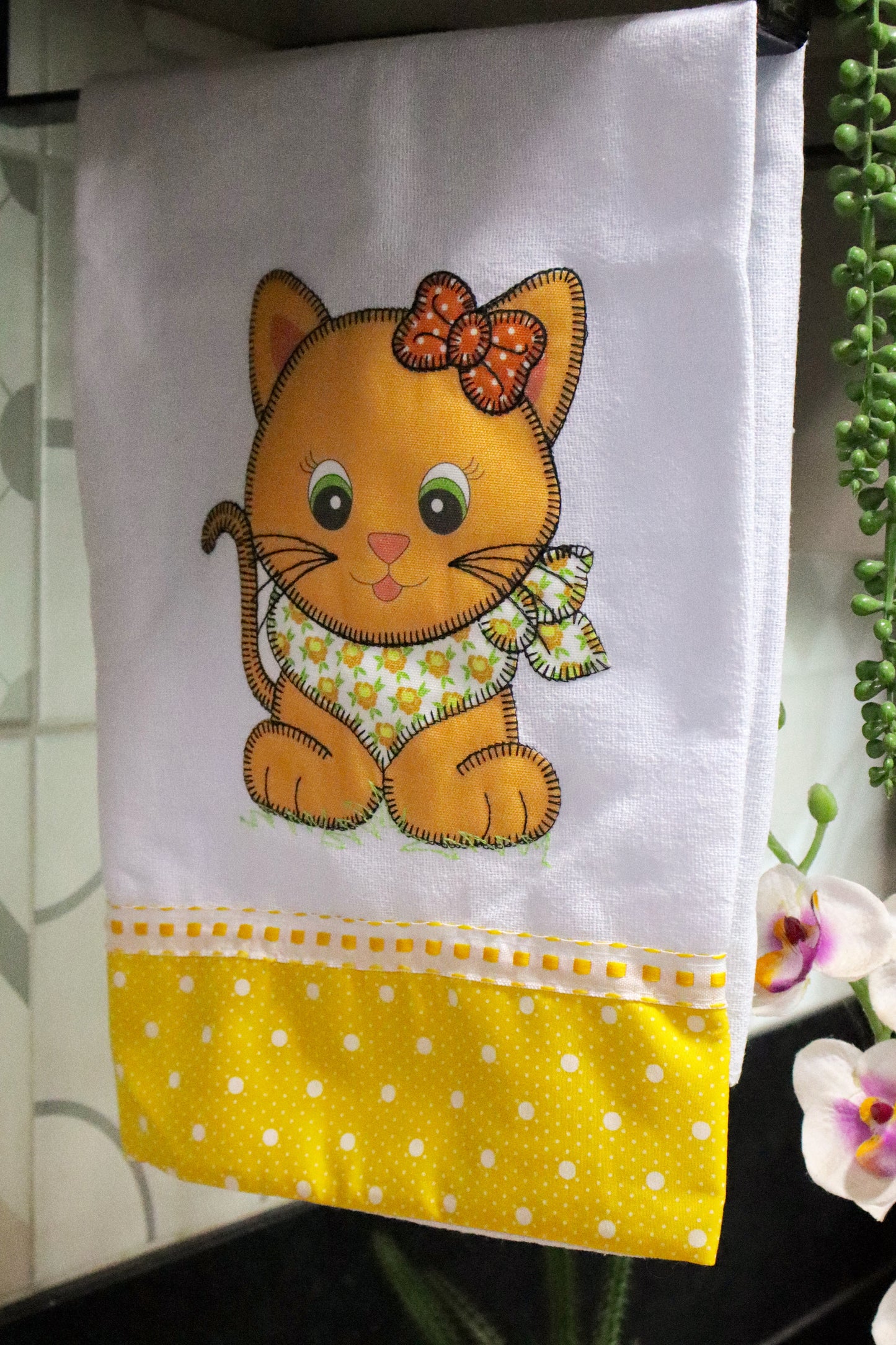 Kit Cozinha 3 Peças - Bate Mão, Pano De Prato E Puxa Saco Gatinho Amarelo