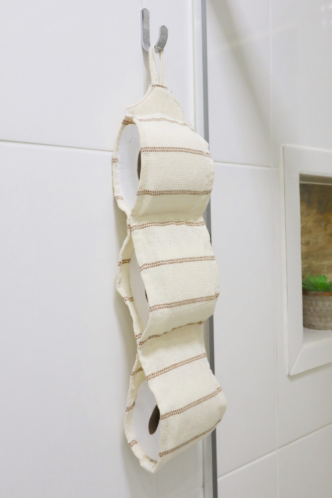 Porta Papel Higiênico 3 Lugares Algodão Listrado Cru