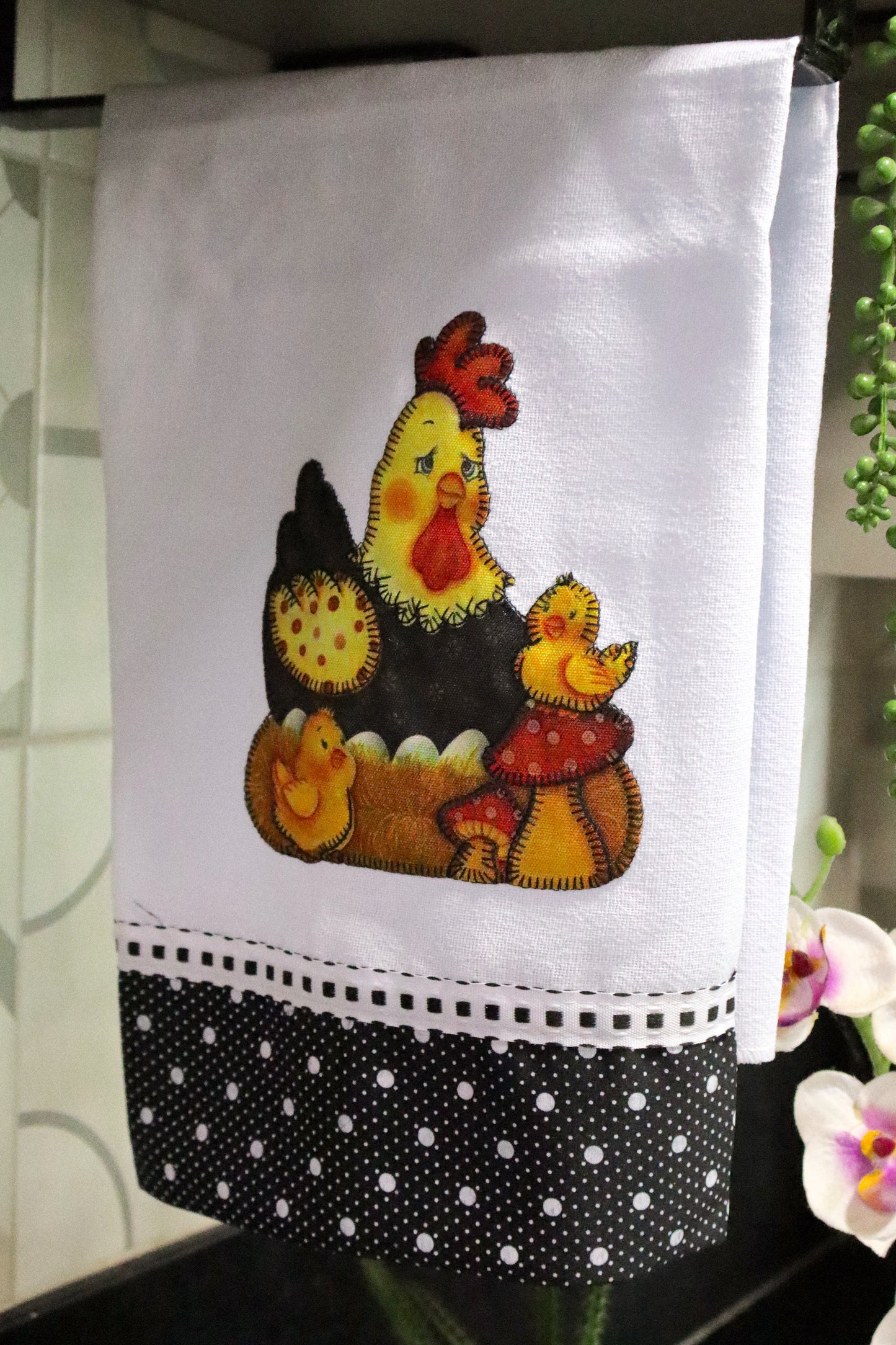 Kit Cozinha 3 Peças - Bate Mão, Pano De Prato E Puxa Saco Galinha Preto