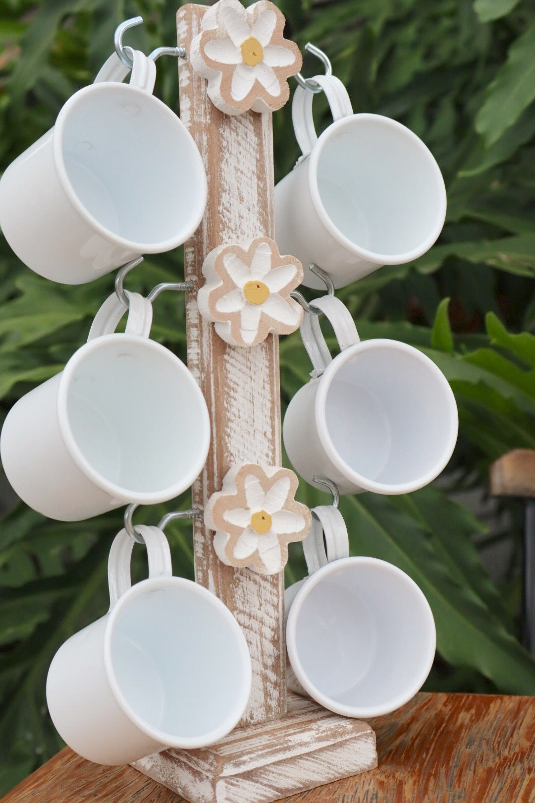 Suporte de Caneca Branco Madeira + 6 Canecas Brancas