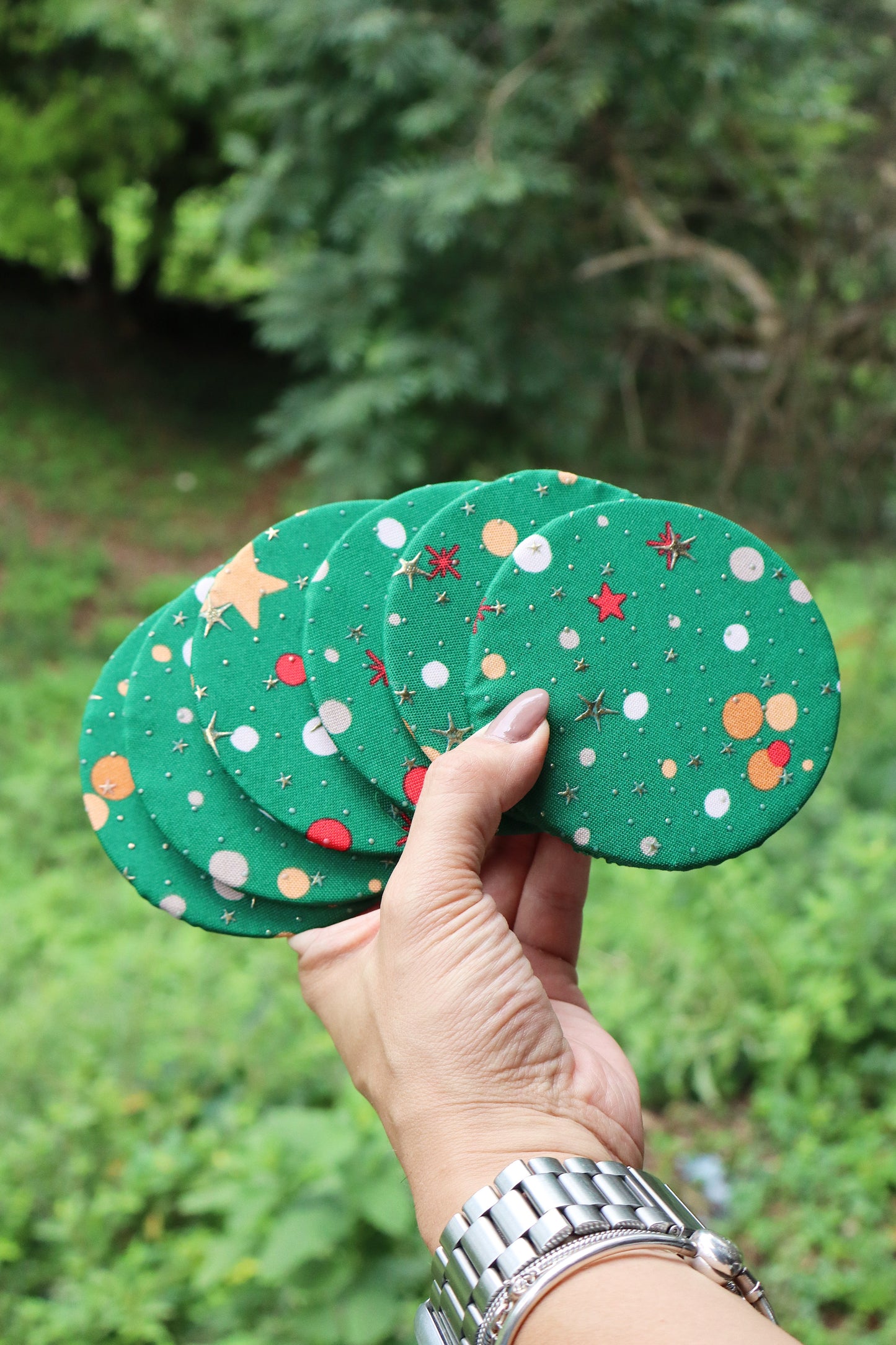 Kit 6 unidades Descanso Para Copos / Porta Copos Natal Bolinhas Verde
