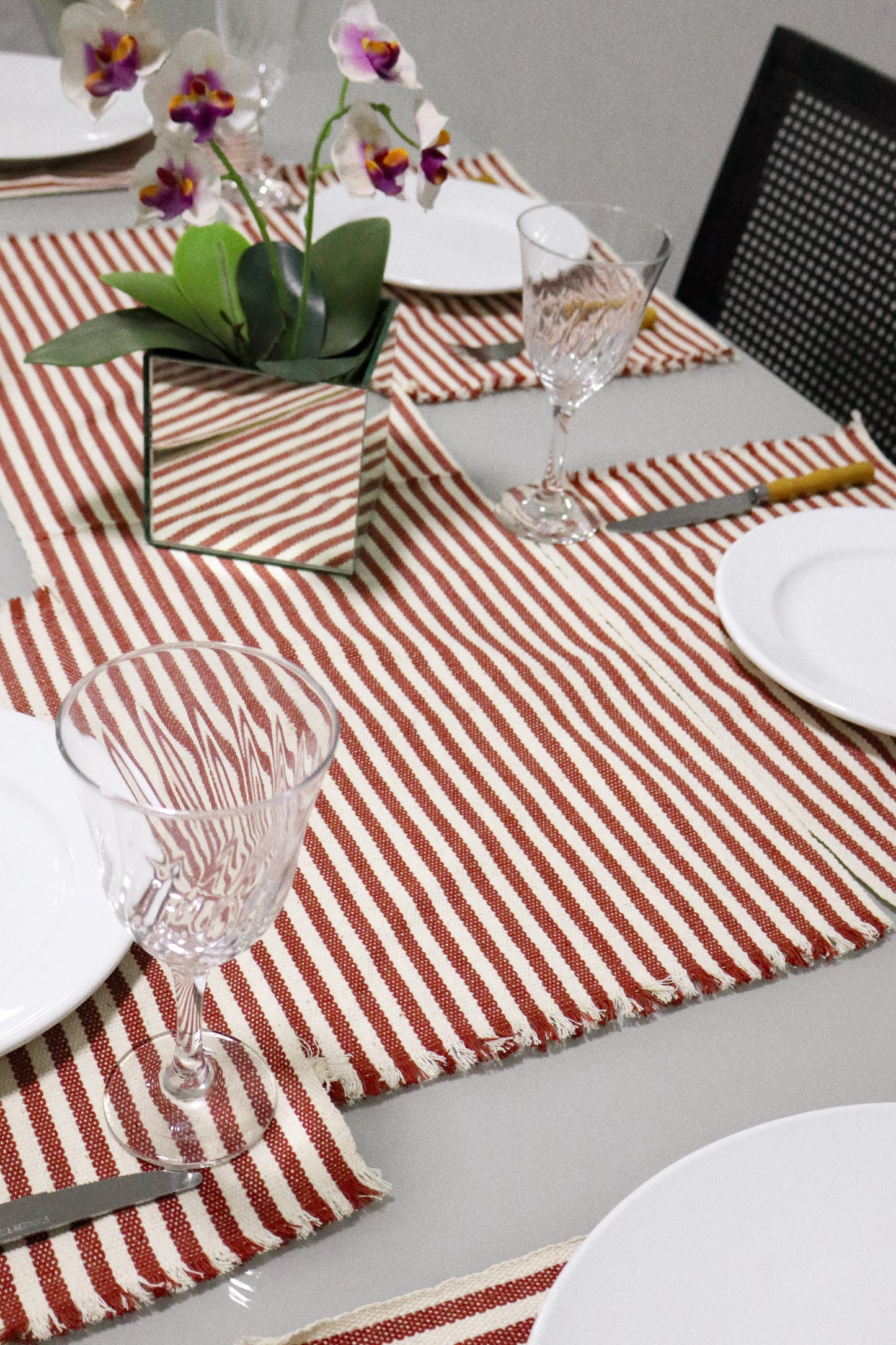 Jogo Americano Comum Listrado Terracota e Cru 7 Peças