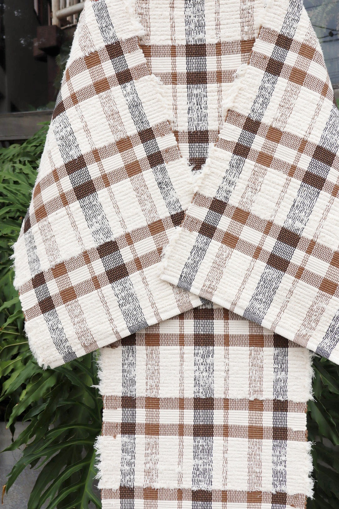 Jogo de Passadeira Felpudo Algodão Xadrez Marrom