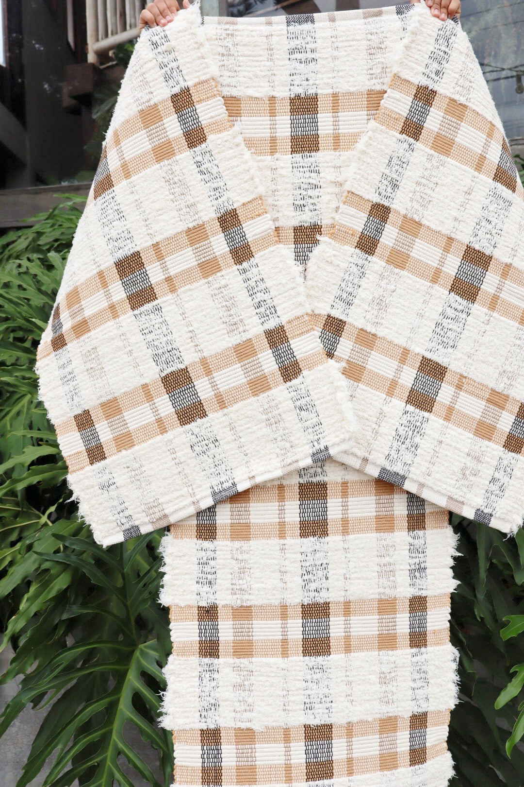 Jogo de Passadeira Felpudo Algodão Xadrez Bege