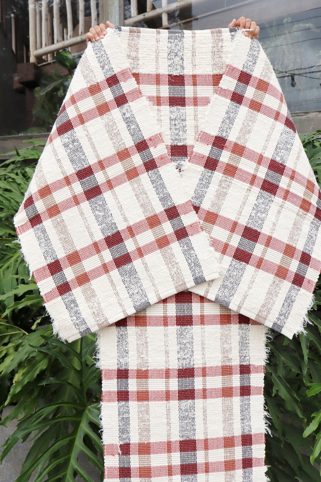 Jogo de Passadeira Felpudo Algodão Xadrez Terracota