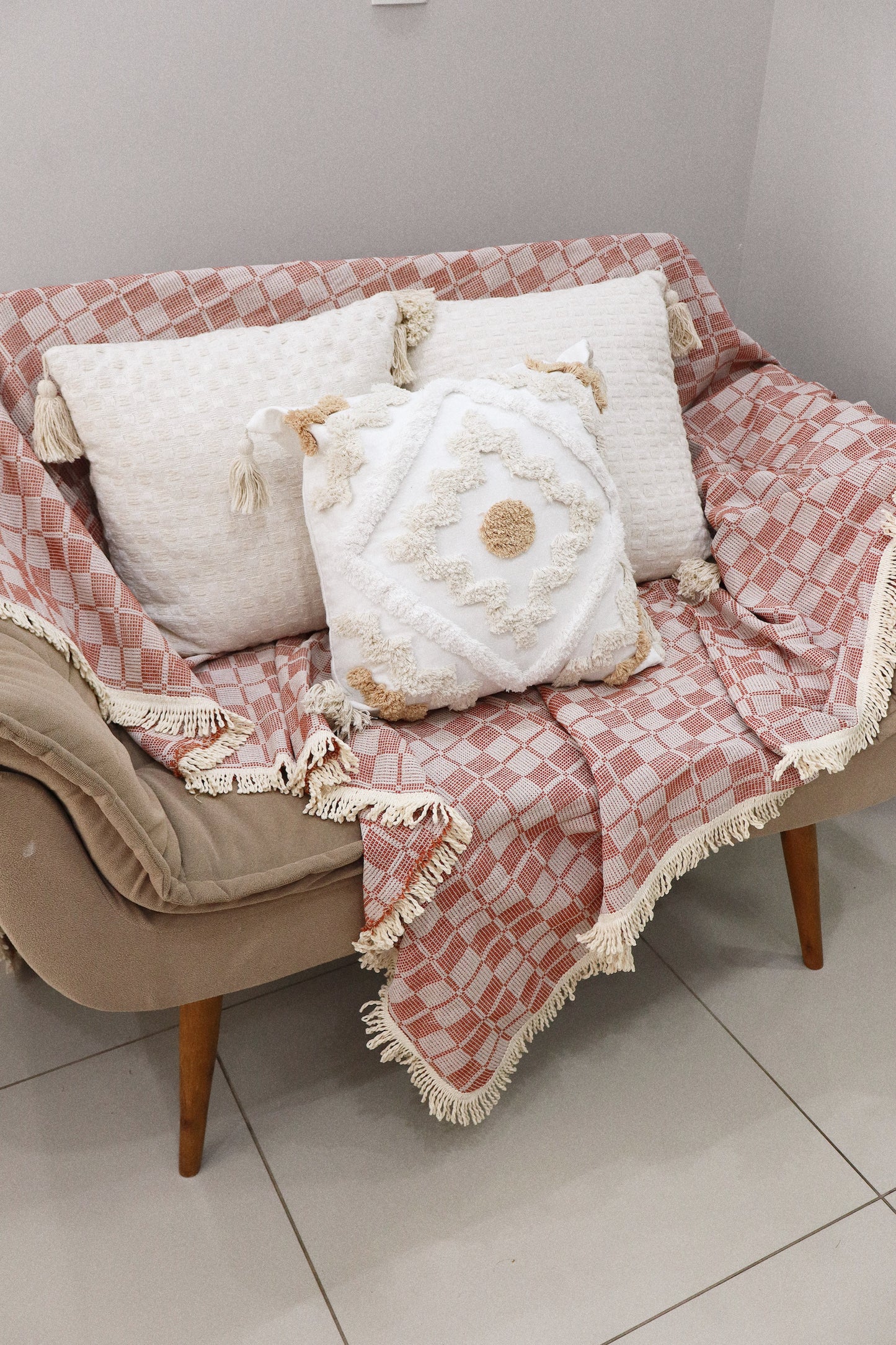 Manta para Sofá Riachuelo Xadrez Terracota 1,40x2,40m