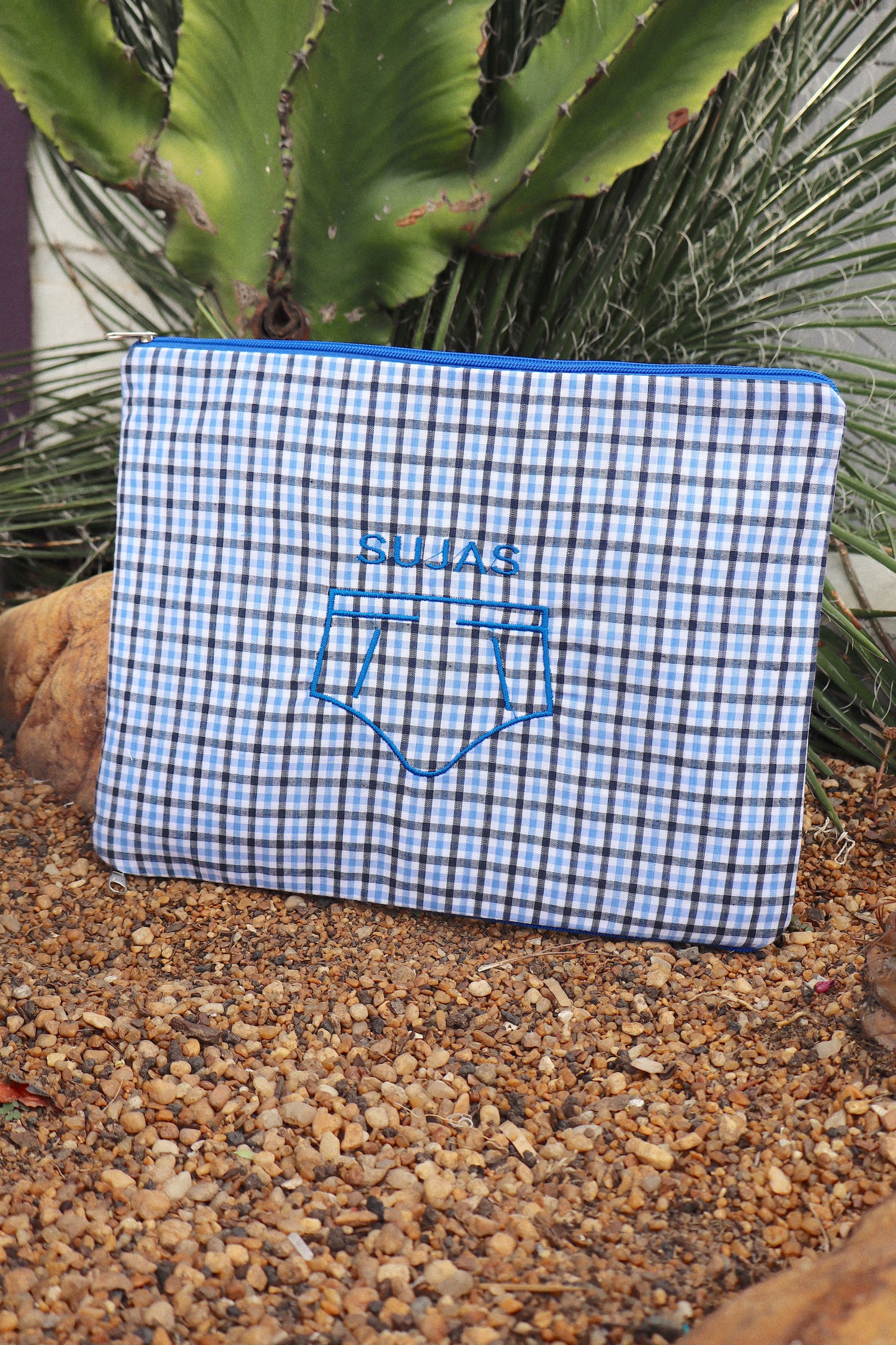 Necessaire Porta Cueca Limpinha Sujinha G Xadrez Azul