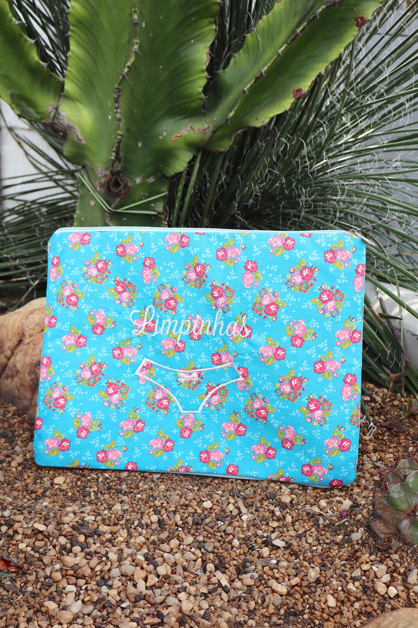 Necessaire Porta Calcinha Limpinha Sujinha G Flores Fundo Azul