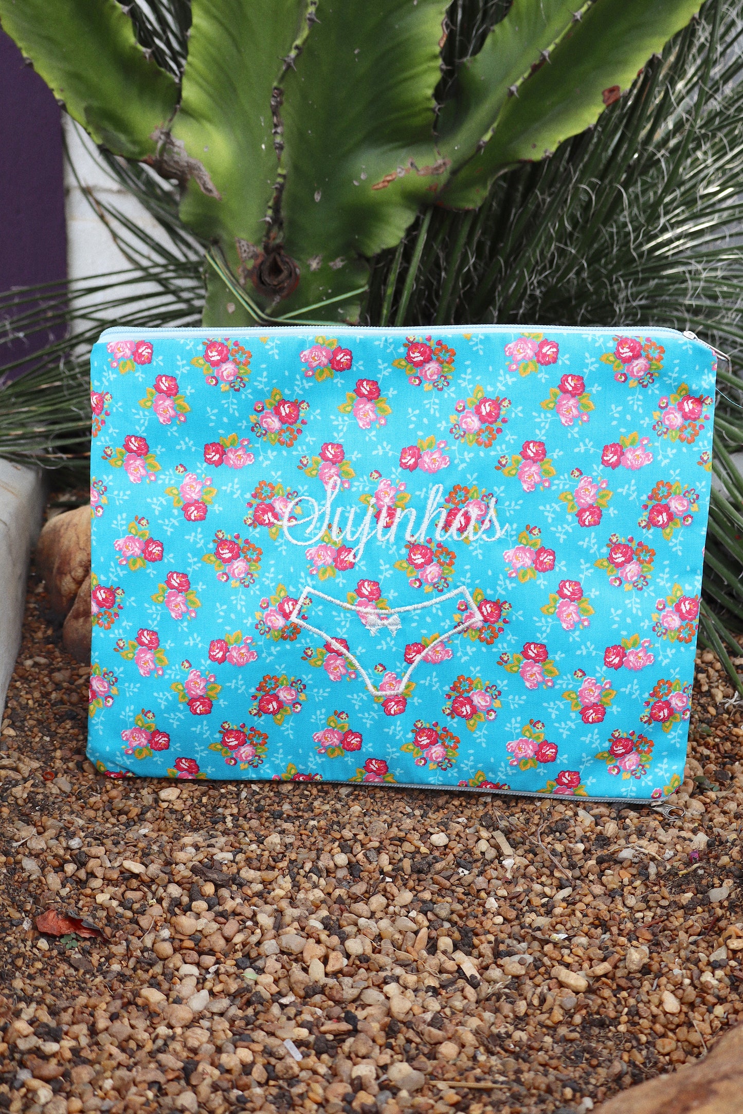 Necessaire Porta Calcinha Limpinha Sujinha G Flores Fundo Azul