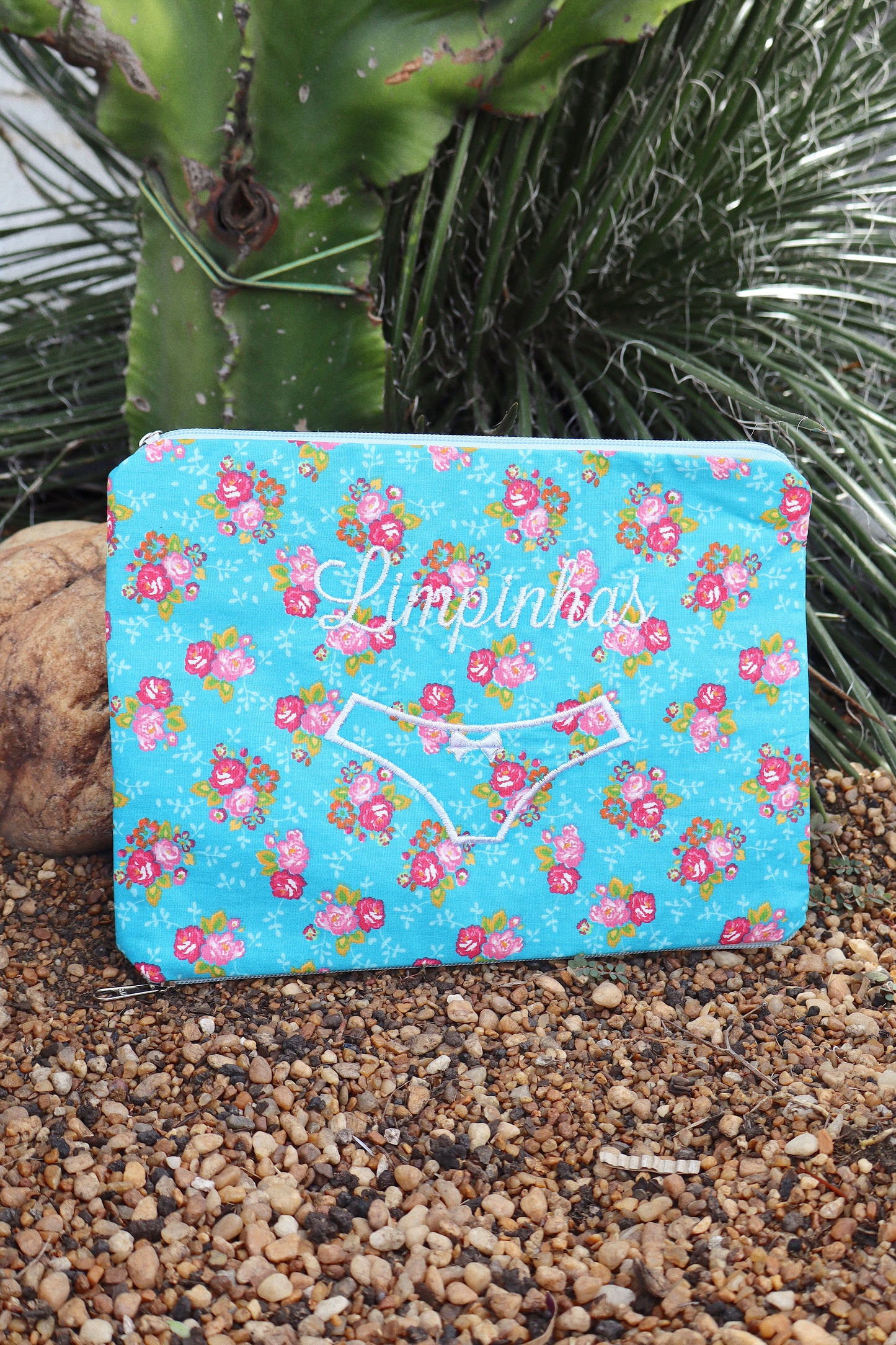 Necessaire Porta Calcinha Limpinha Sujinha P Flores Fundo Azul