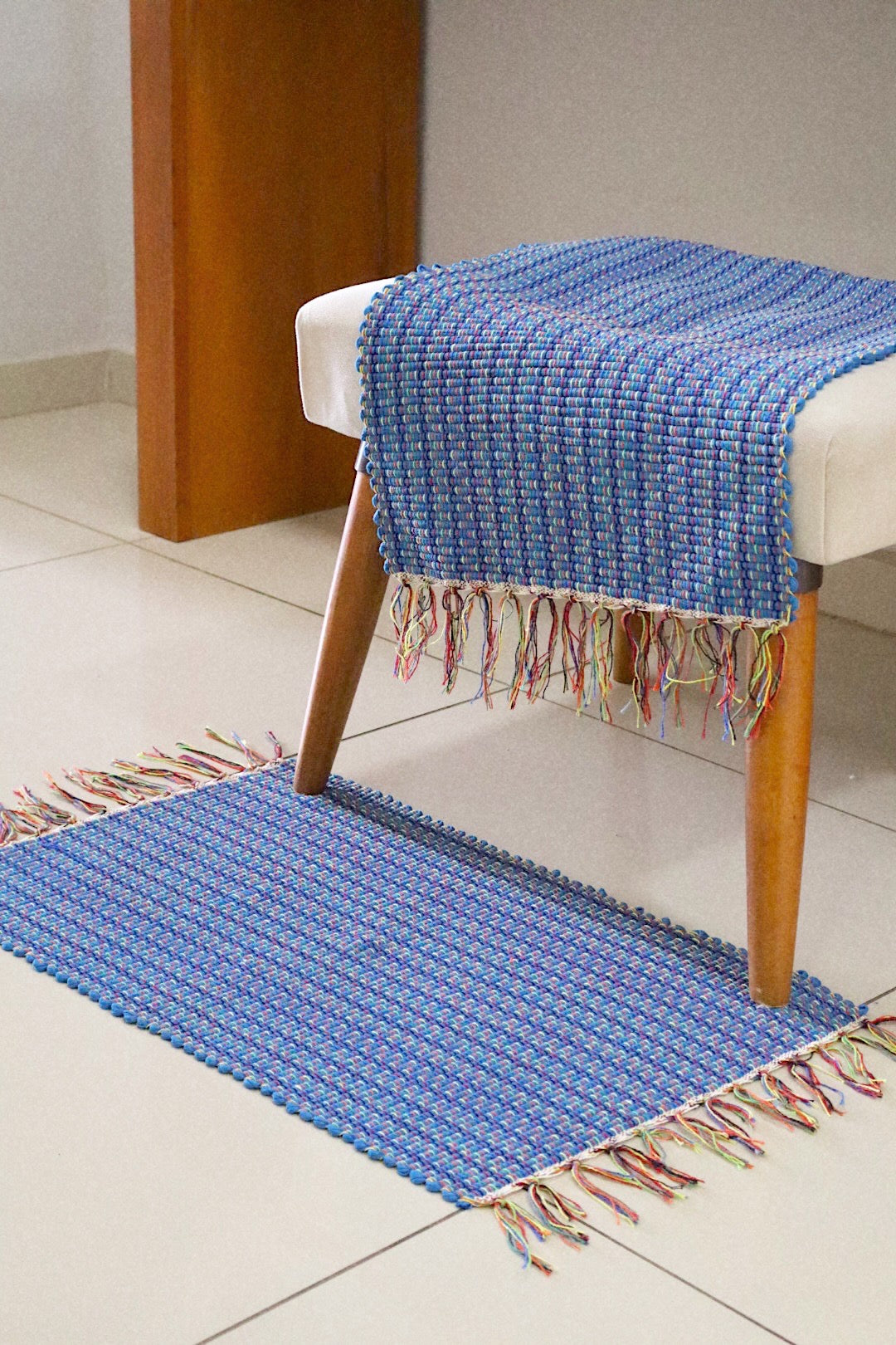 Par Tapete Malha Algodão Mini Liso Azul