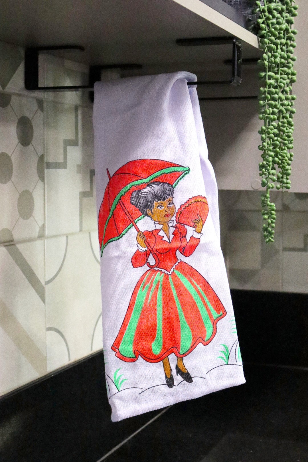 Pano de Prato Simples Mulher com Sombrinha Vermelho