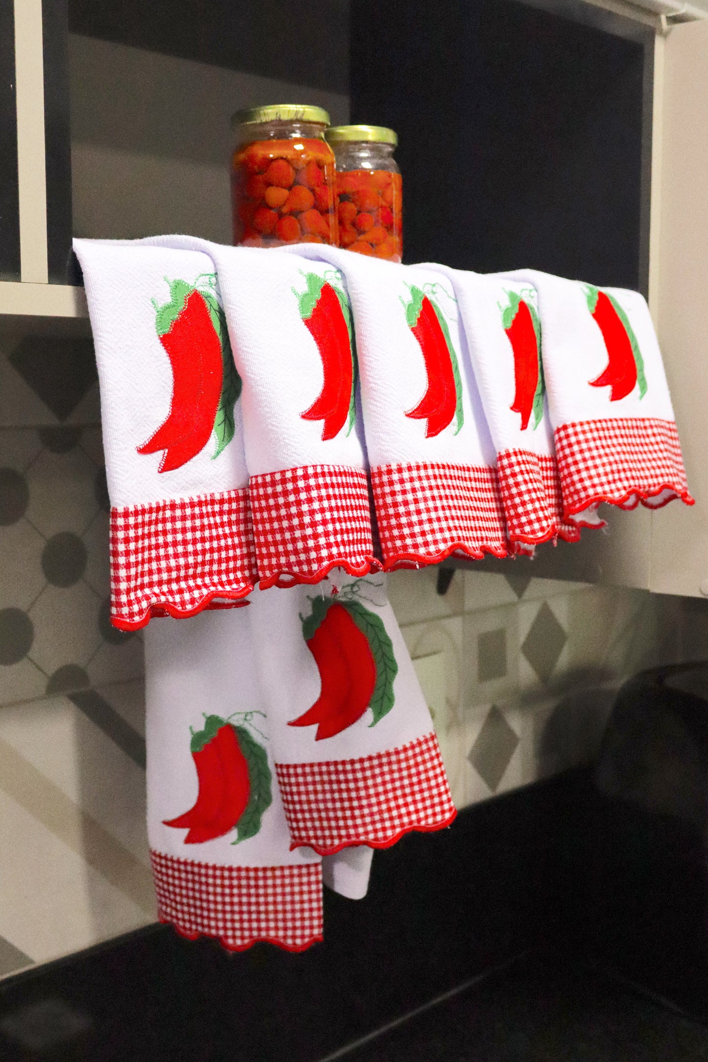 Kit 7 Panos de Prato Decorados - Semaninha Pimenta Vermelha