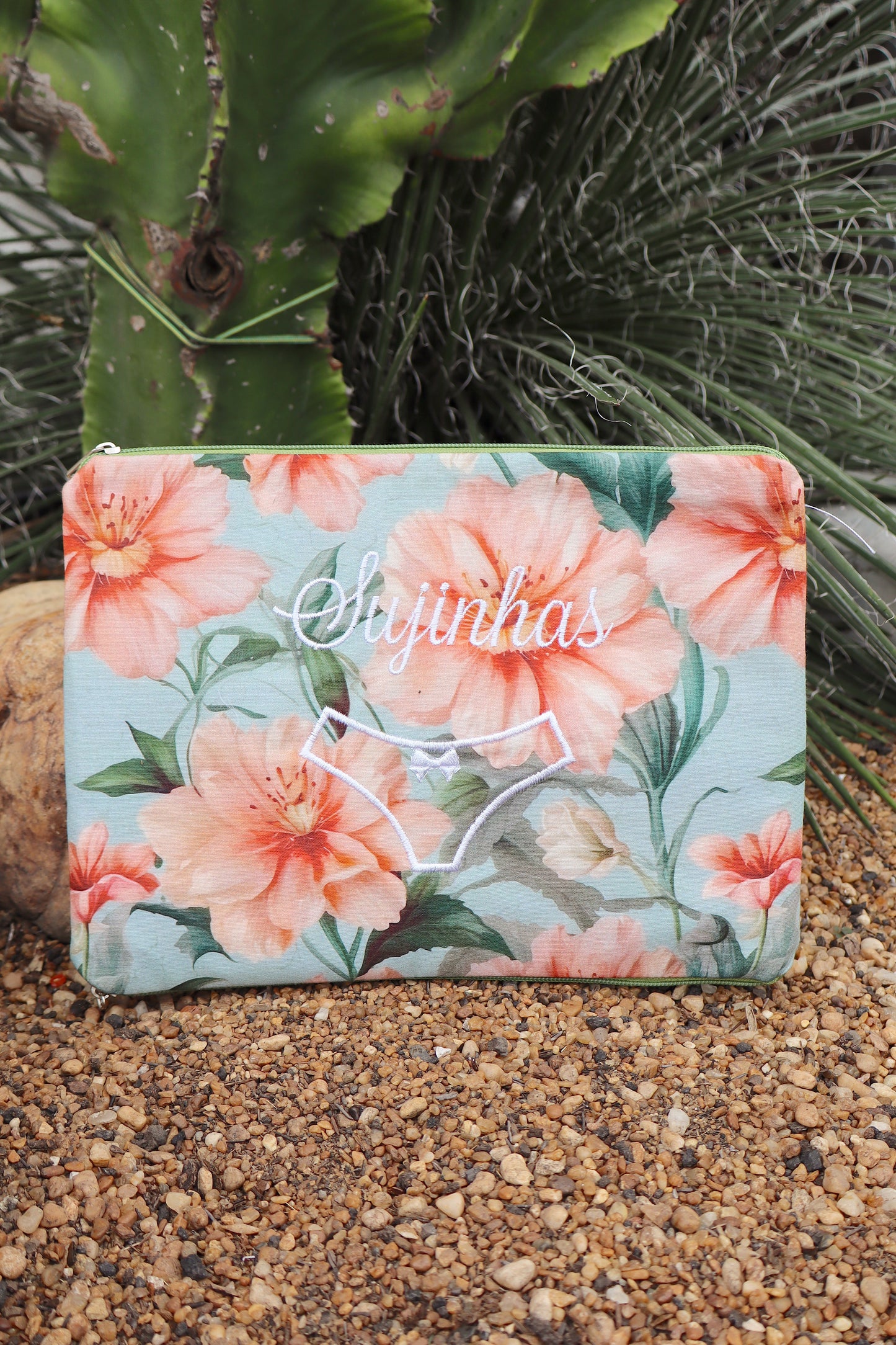 Necessaire Porta Calcinha Limpinha Sujinha P Flores Azul Claro e Salmão