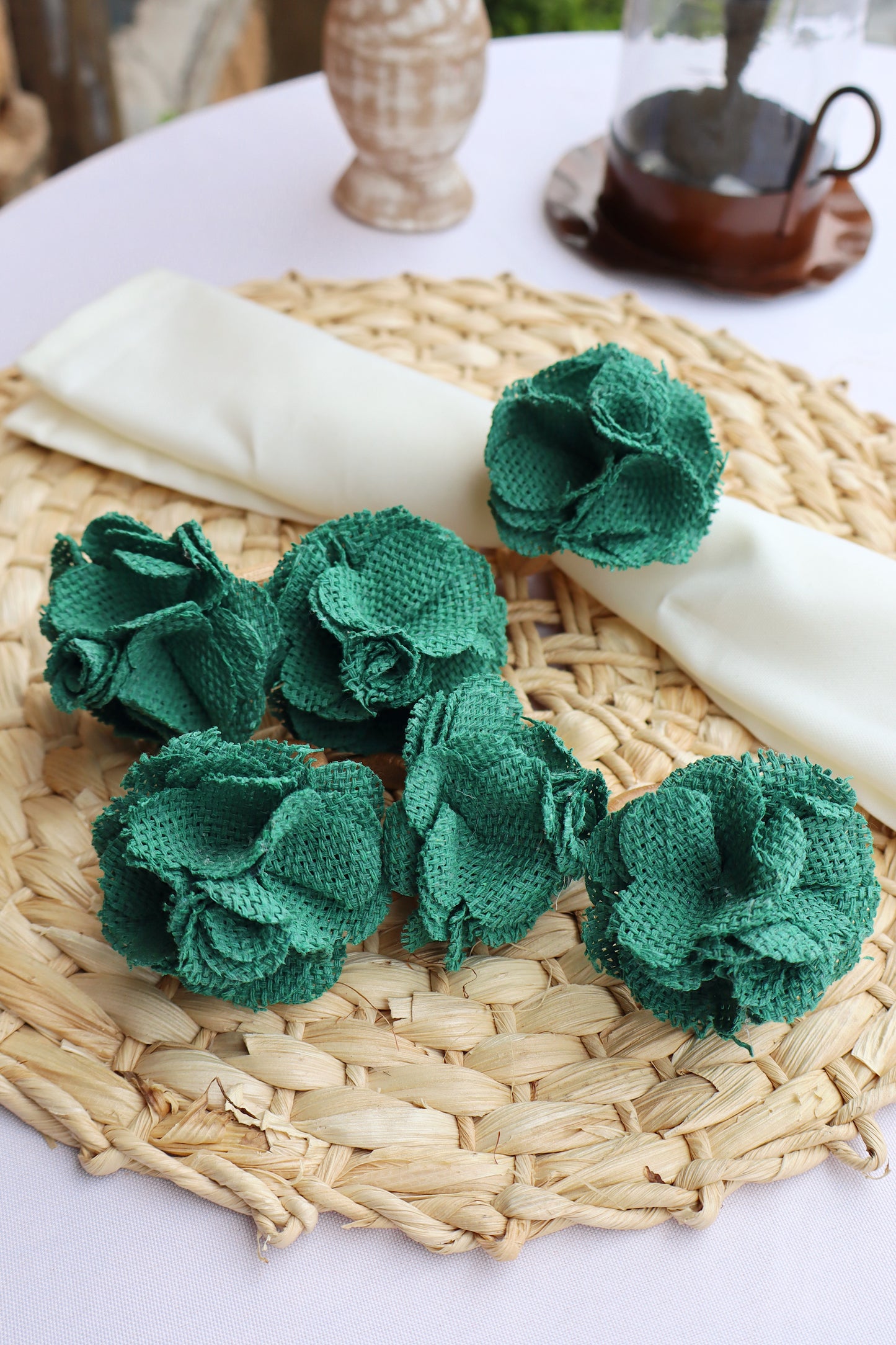 Kit Argola Porta Guardanapo Flor de Juta Verde 6 Peças