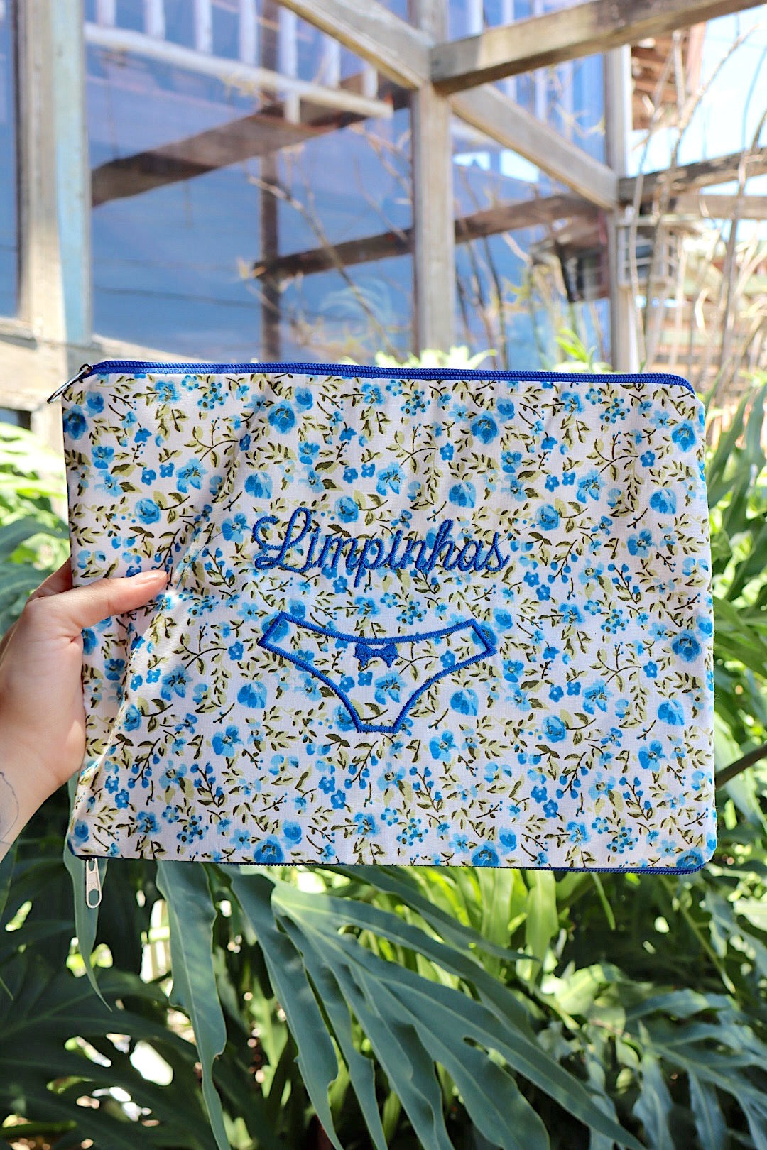 Necessaire Porta Calcinha Limpinha Sujinha G Flores Azul