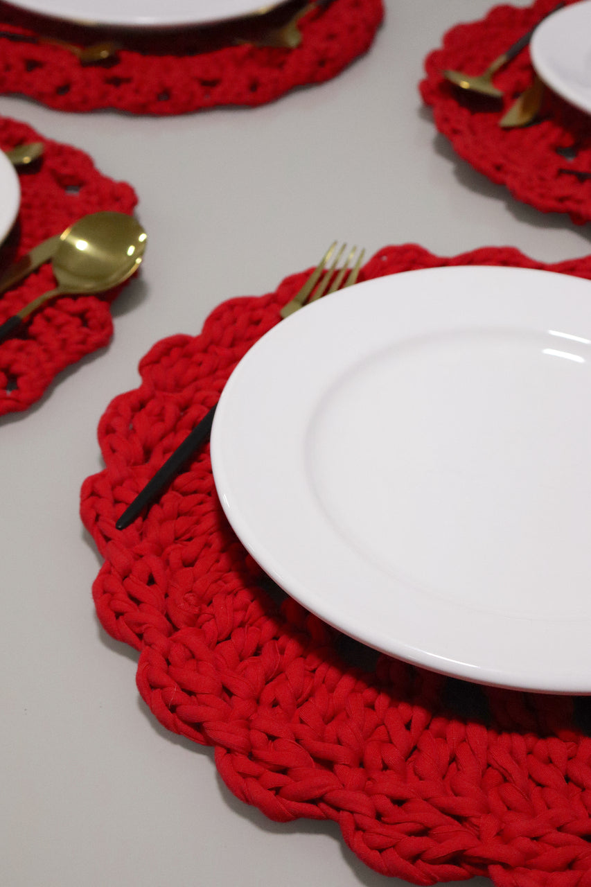 Sousplat de Crochê em Malha Vermelho Kit com 6