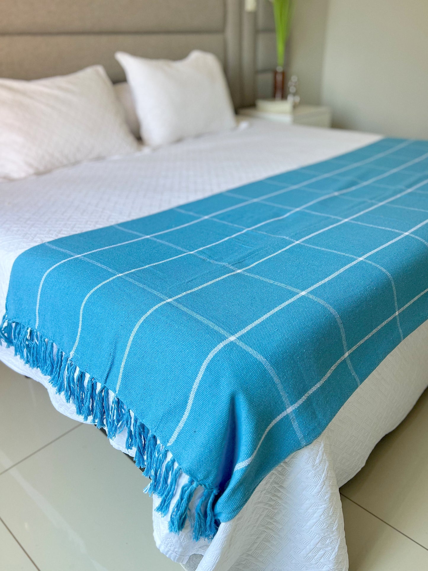 Peseira para Cama Algodão Grid Azul 1,80x2,20m