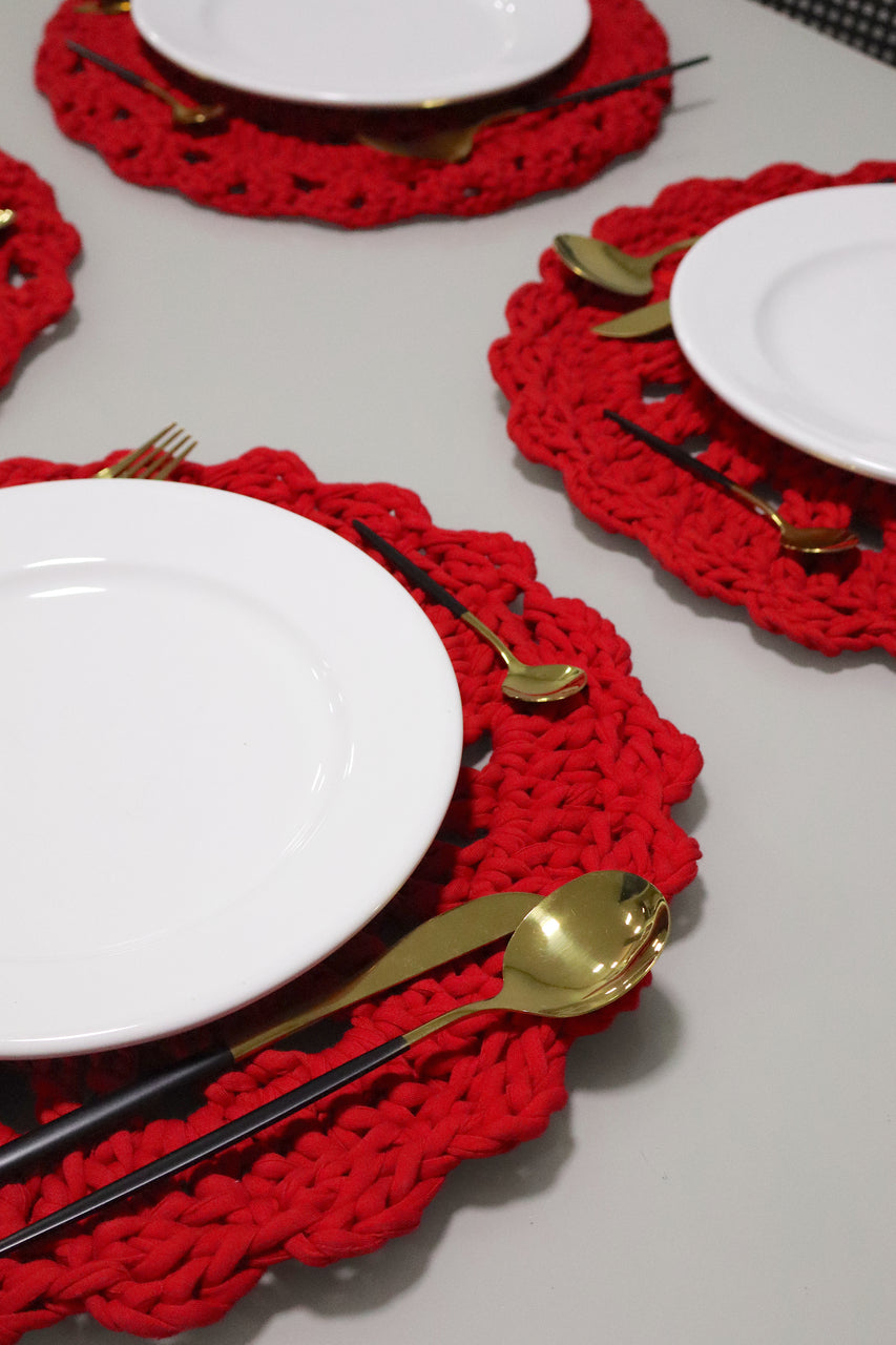 Sousplat de Crochê em Malha Vermelho Kit com 6