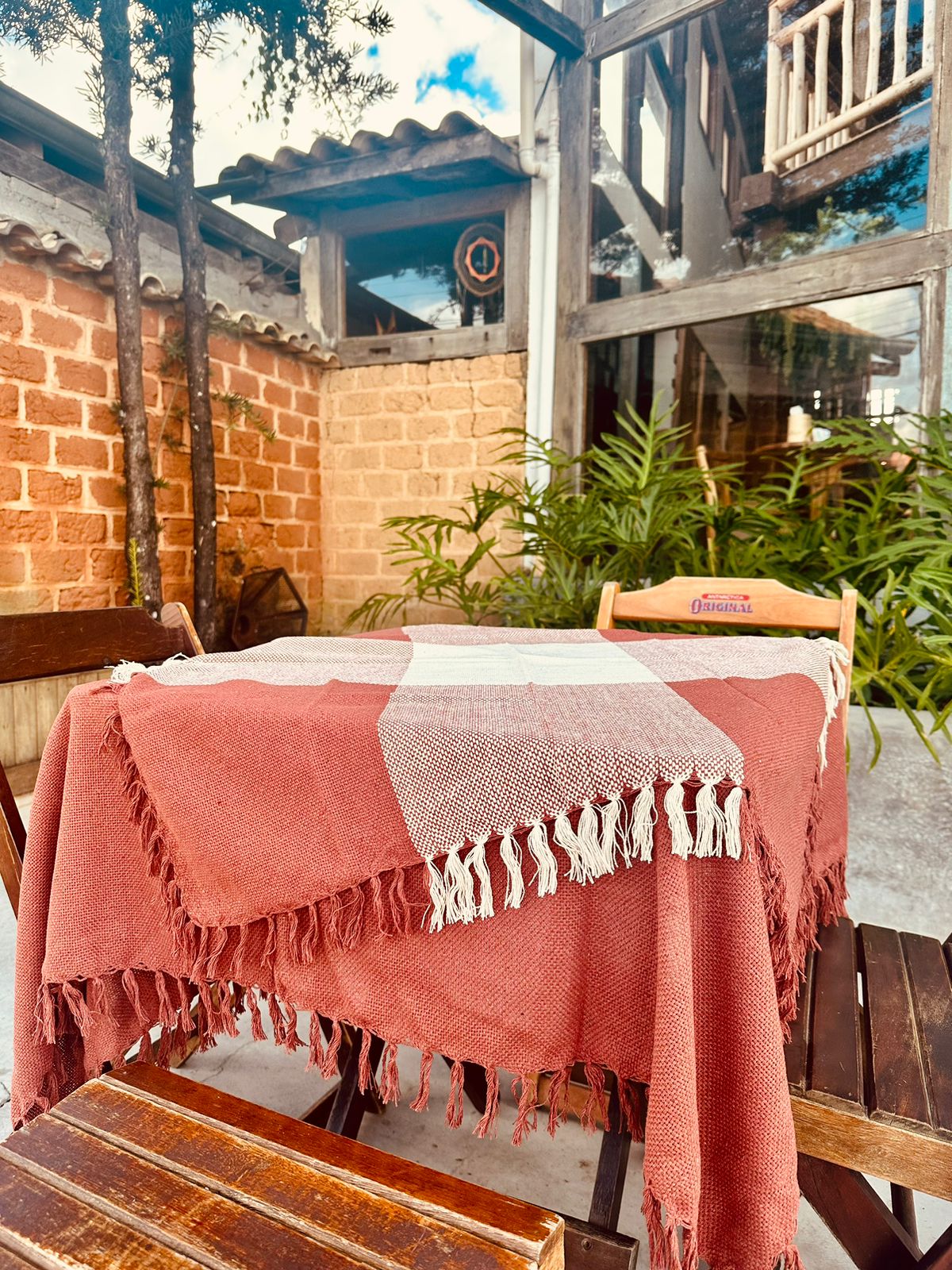 Toalha de Mesa Cobre Lanche com Duas Peças: Lisa e Xadrez Terracota