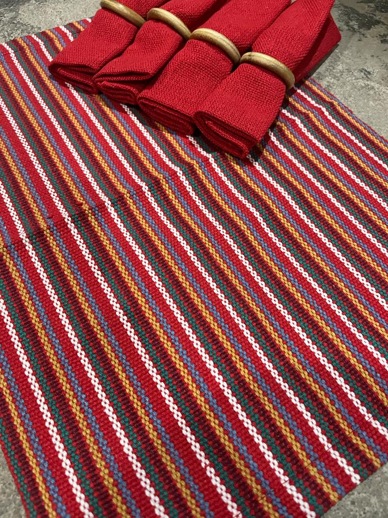 Kit De Jogo Americano, Guardanapo e Argola 4 lugares Vermelho Sem Franja
