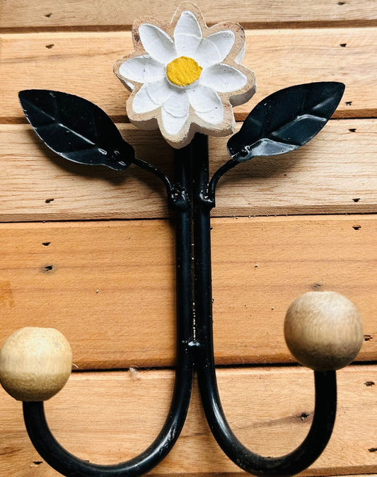 Cabide Ferro com Flor de Madeira Branco