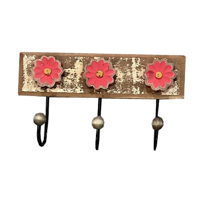 Cabide de Madeira com 3 Ganchos Flor Vermelha