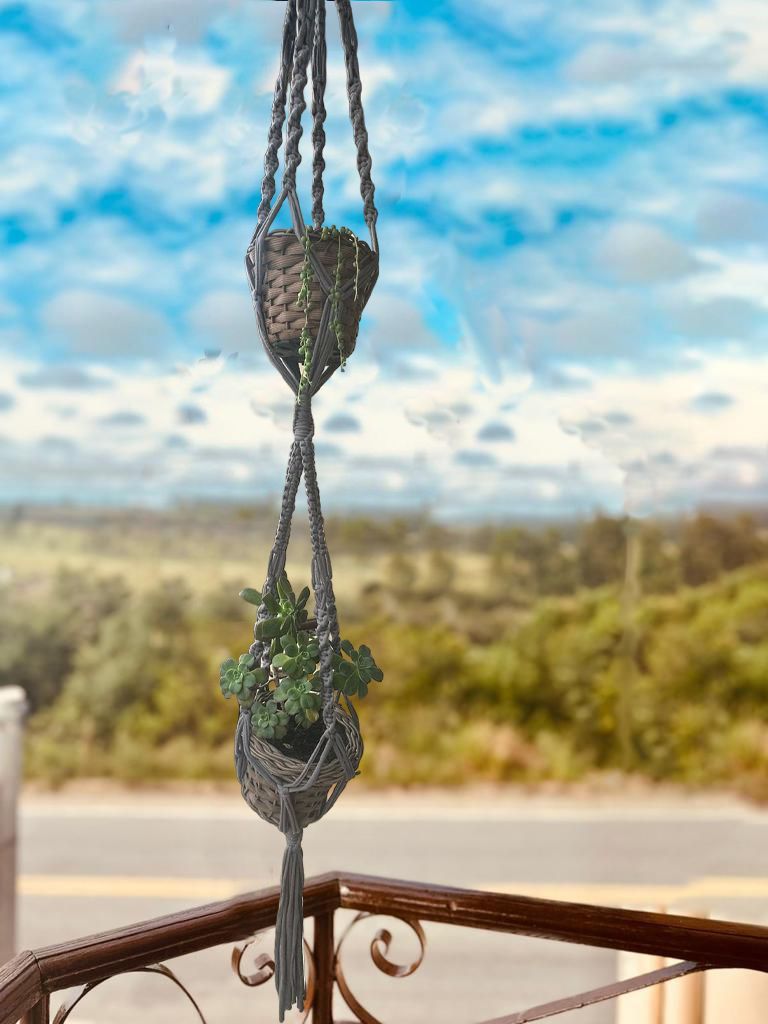 Suporte de Planta em Macramê Malha Duplo Cinza
