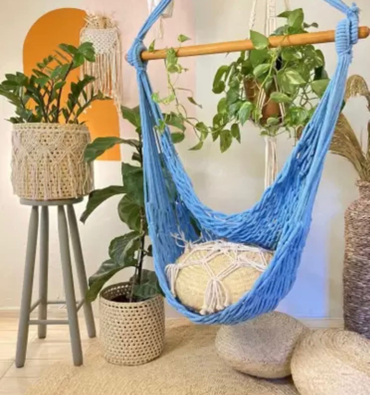 Rede Cadeira Balanço Teto Trançada - Azul