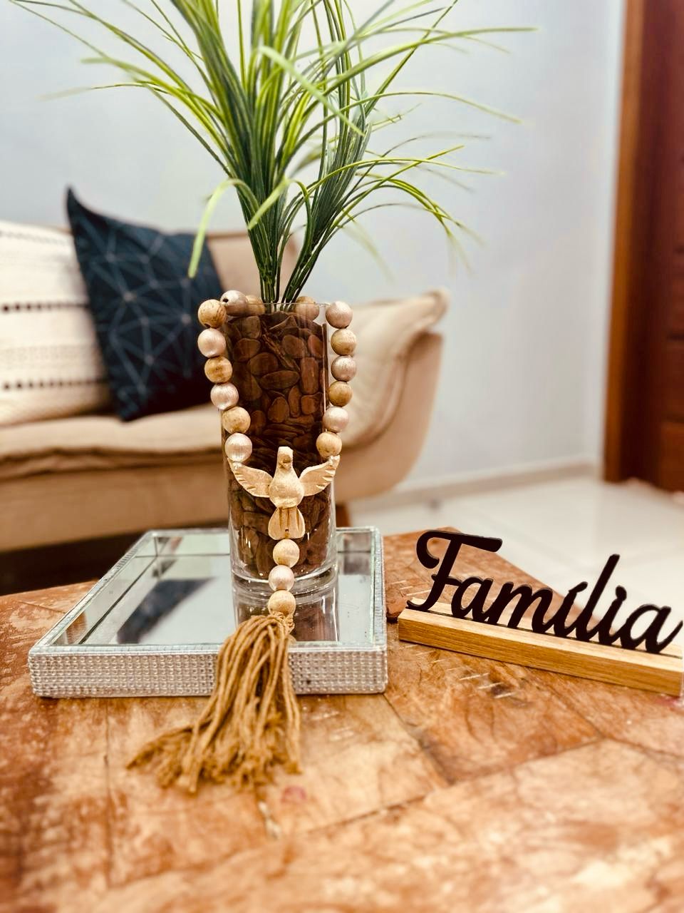 Enfeite de Porta / Mini Colar / Terço de Mesa Decorativo Divino Neutro