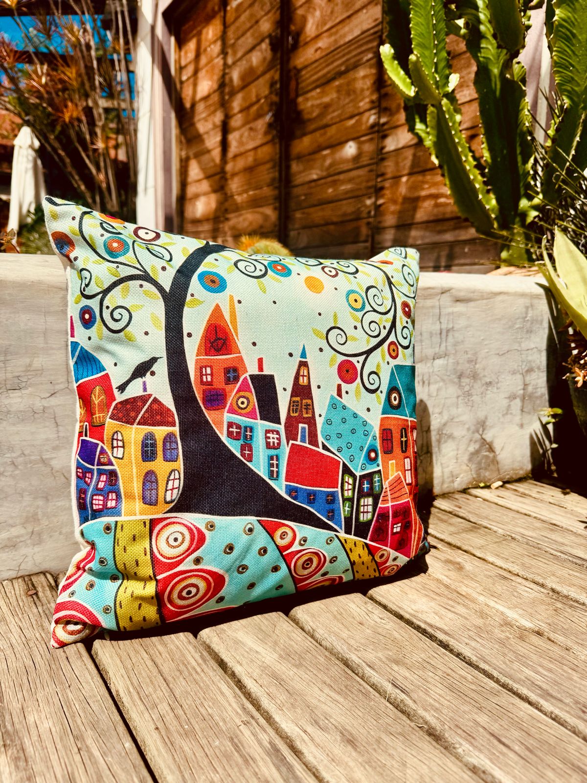 Capa de Almofada em Linho Simples Casinhas Azul EST03 45x45