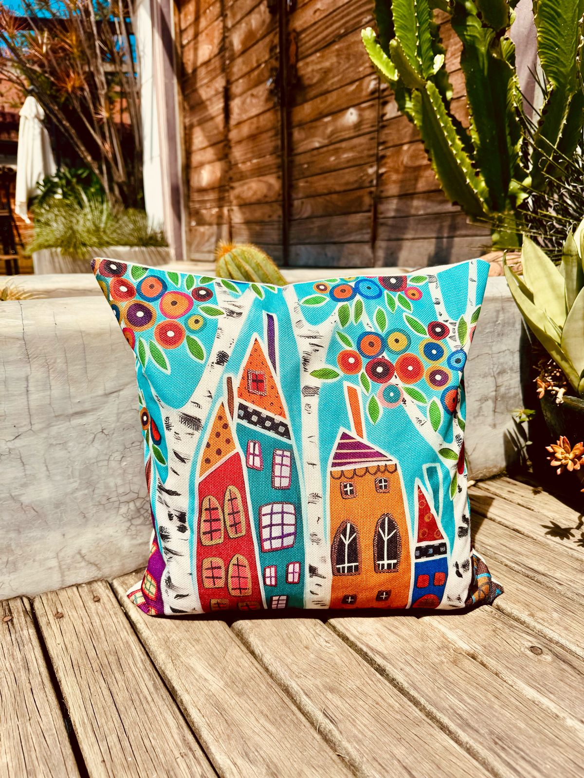 Capa de Almofada em Linho Simples Casinhas Azul EST02 45x45