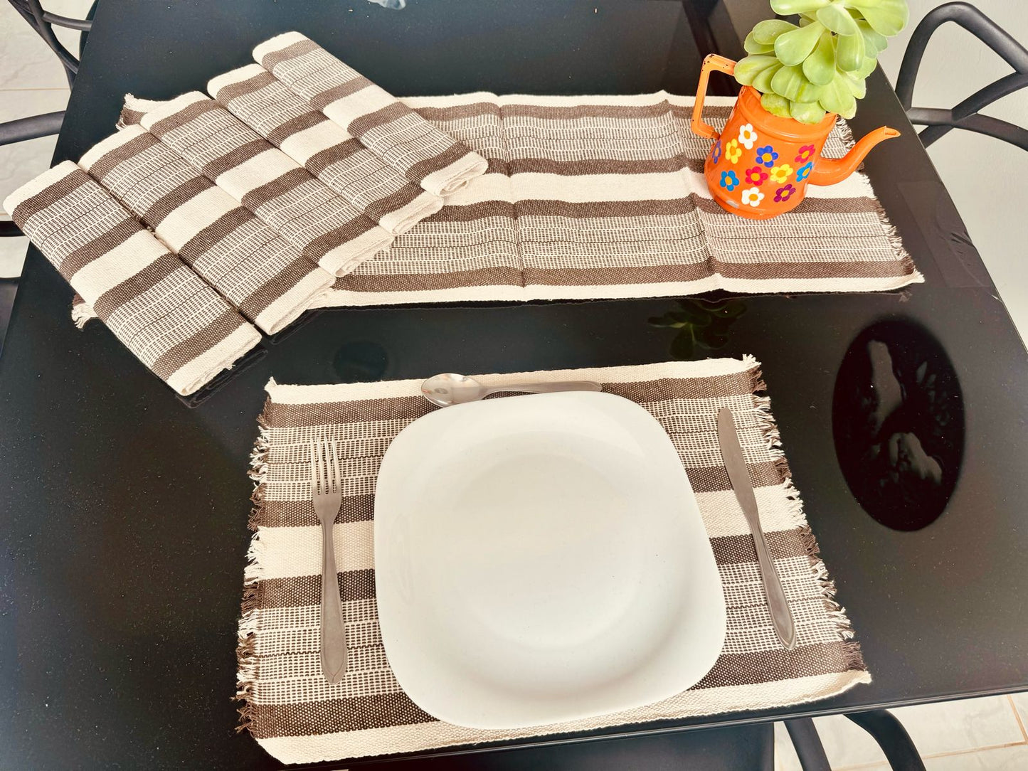 Jogo Americano Comum Marrom e Cru 7 Peças