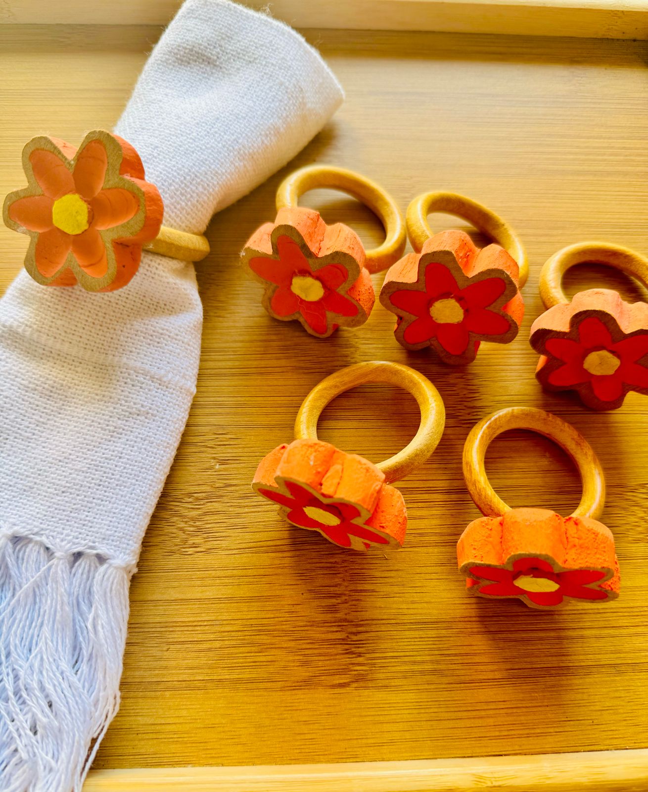 Kit Porta Guardanapo 6 Peças Flor De Madeira Pintada Laranja