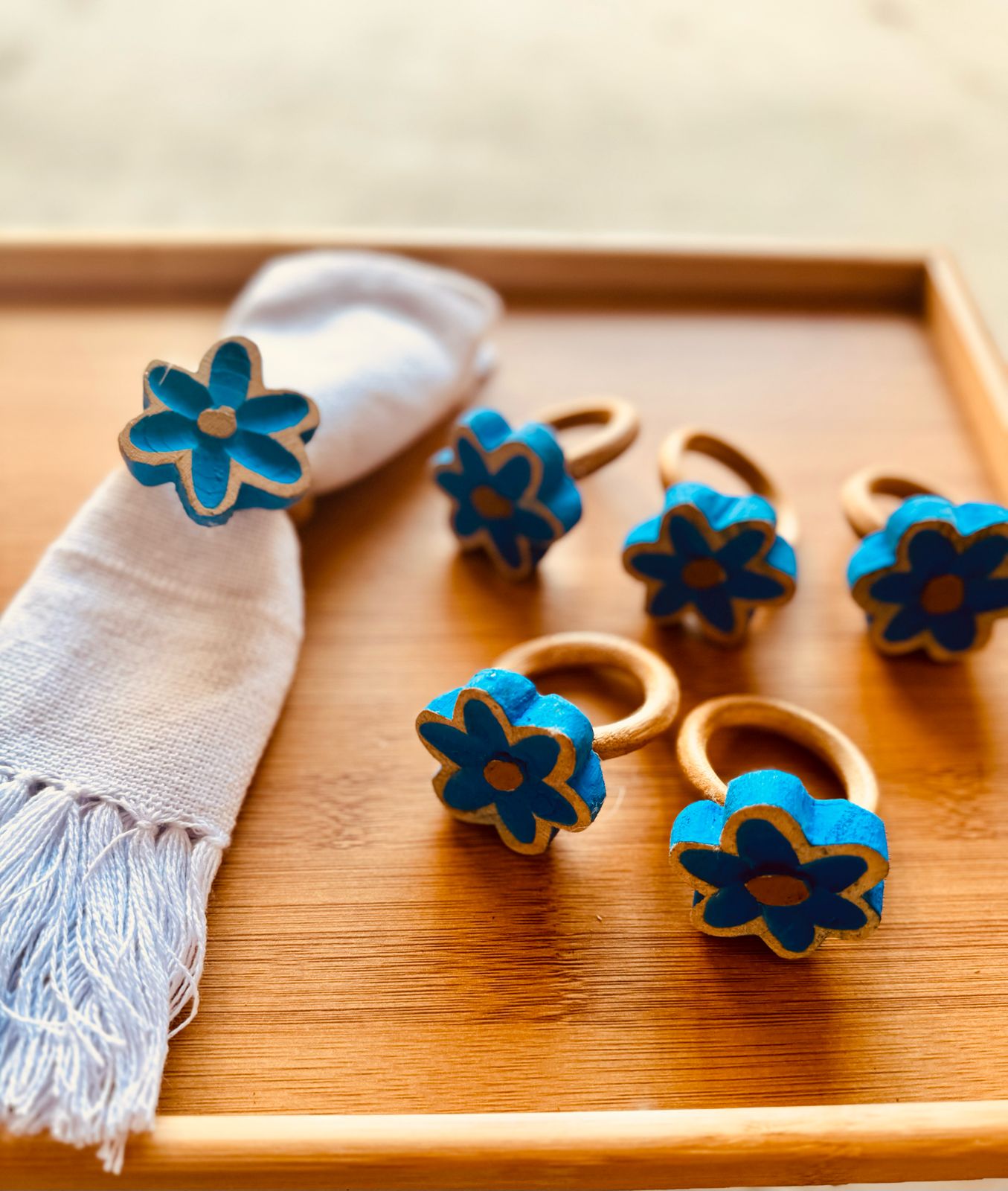 Kit Porta Guardanapo 6 Peças Flor De Madeira Pintada Azul